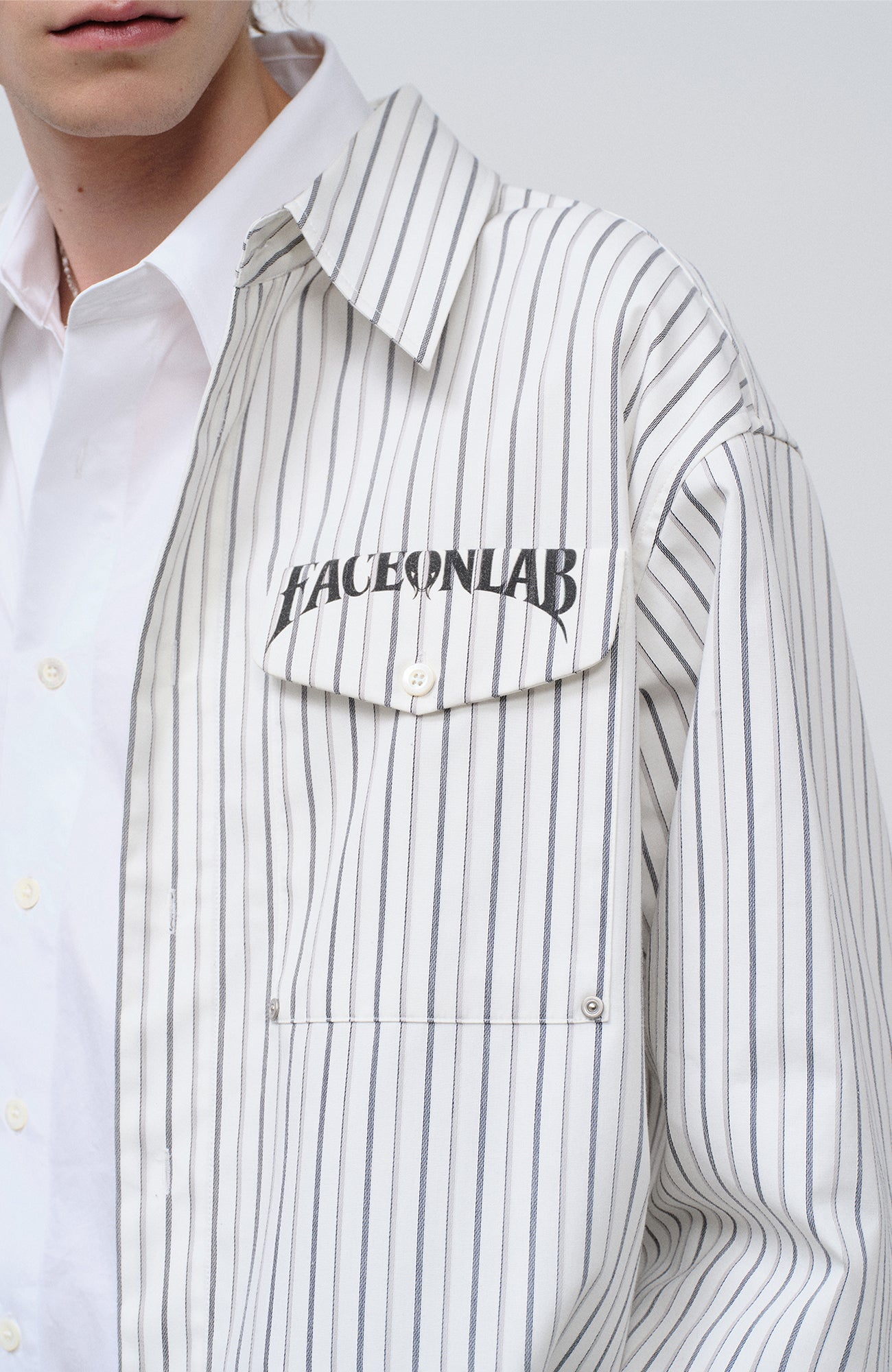 FACEONLAB Stripe Animal Graphic Relaxed Shirt White, premium urban and streetwear designers apparel on PROJECTISR.com, FACEONLAB