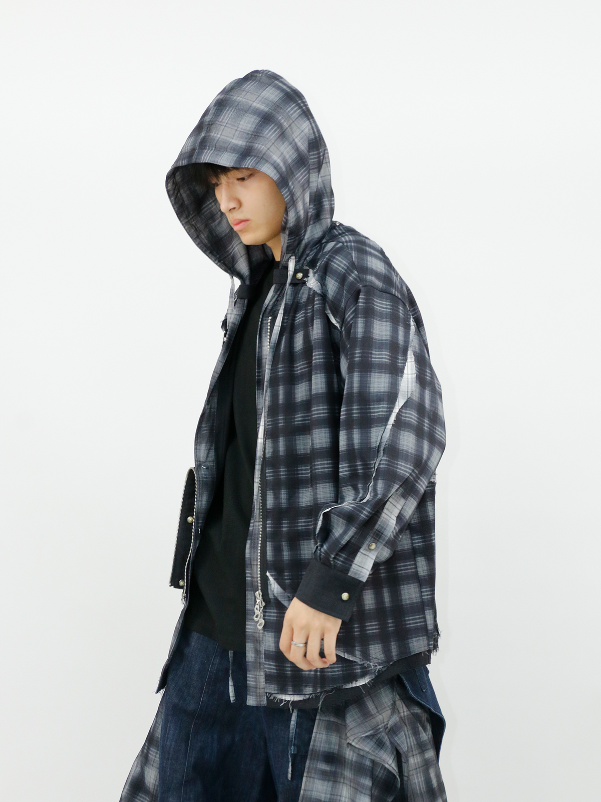 RELABEL Plaid Layered Oversized Hooded Shirt