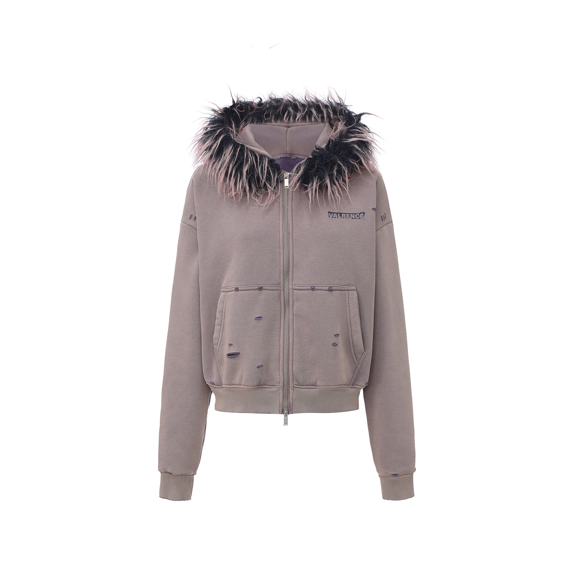 VANN VALRENCE Detachable Faux Fur Hood Distressed Jacket