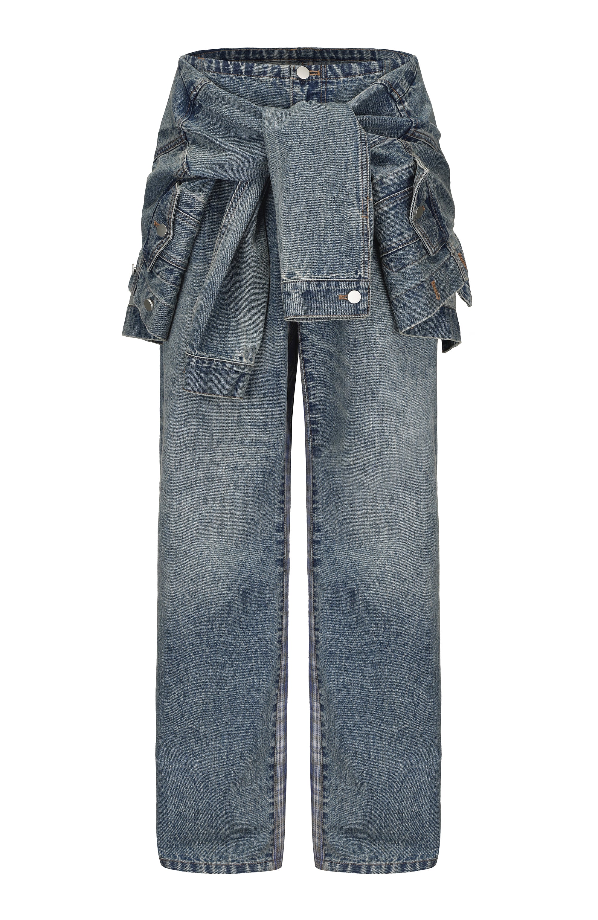 INTERRUPT Plaid Spliced Faux Two-Piece Wide-Leg Jeans