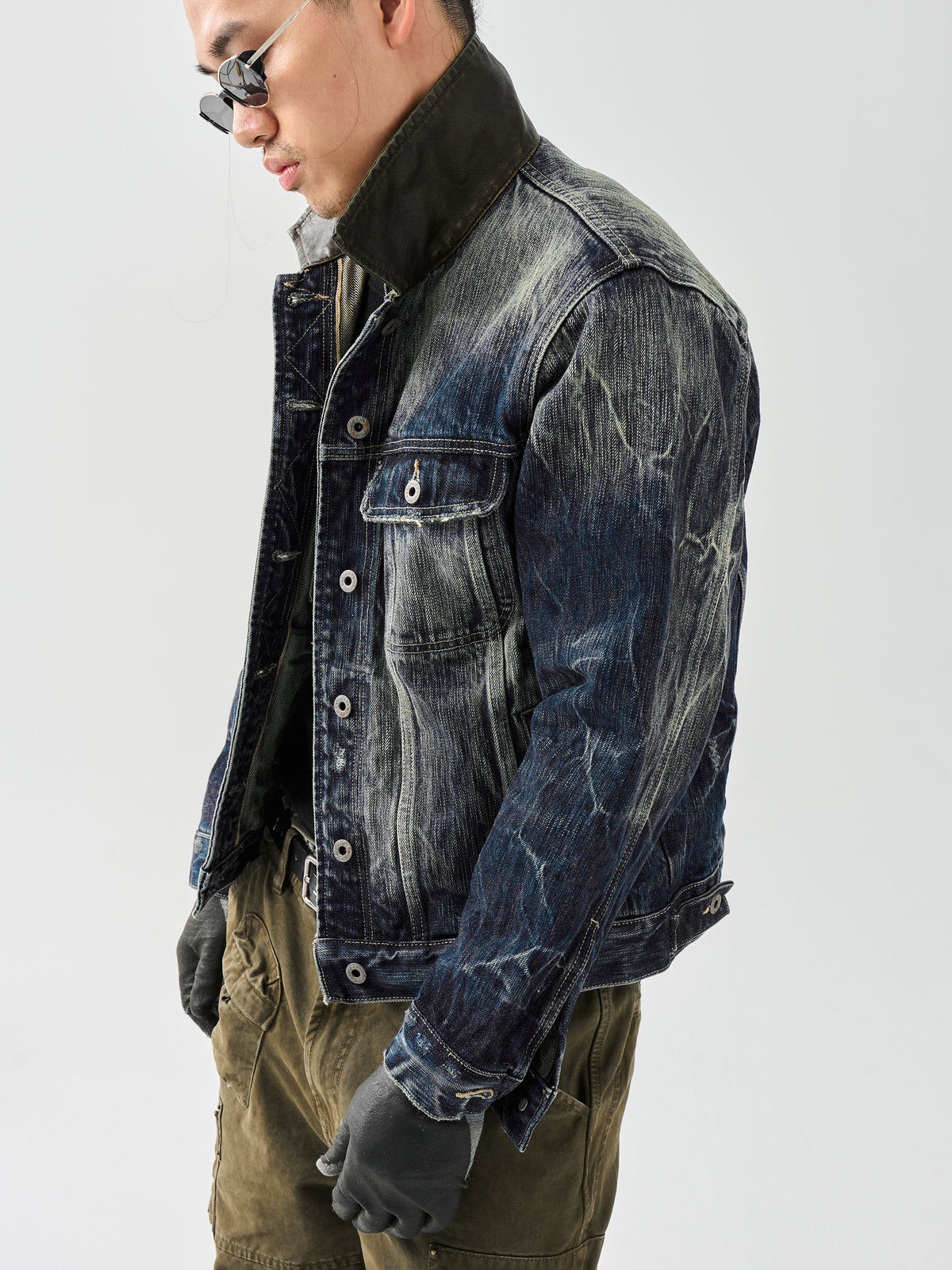 NEIGBORL Washed Faux Leather Collar Denim Jacket