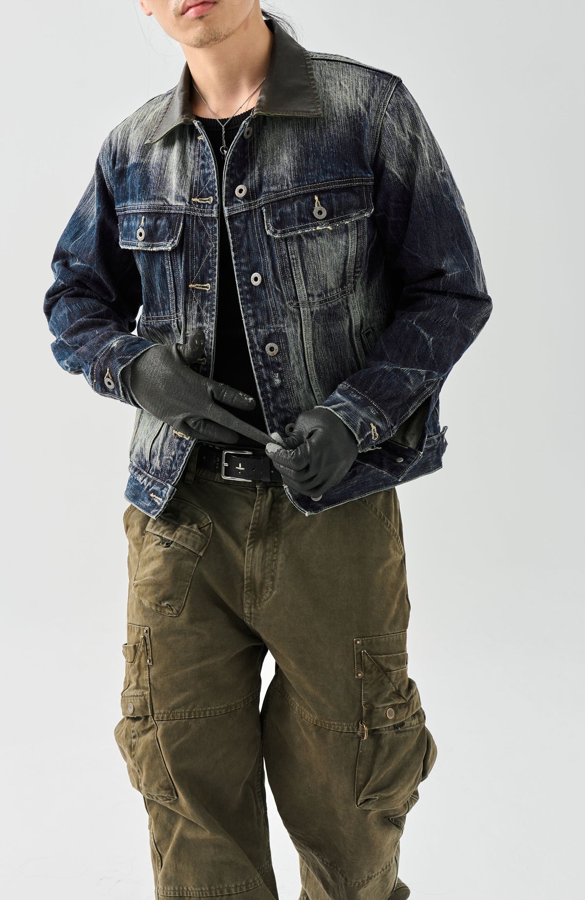 NEIGBORL Washed Faux Leather Collar Denim Jacket