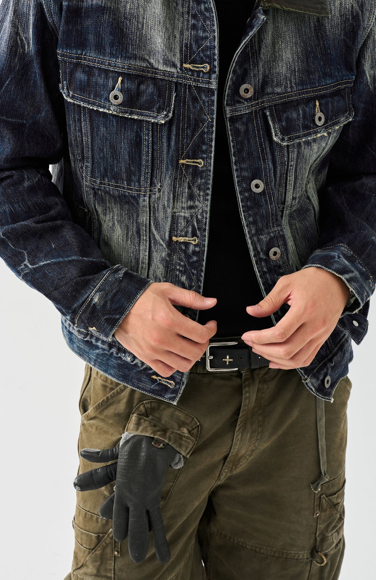 NEIGBORL Washed Faux Leather Collar Denim Jacket