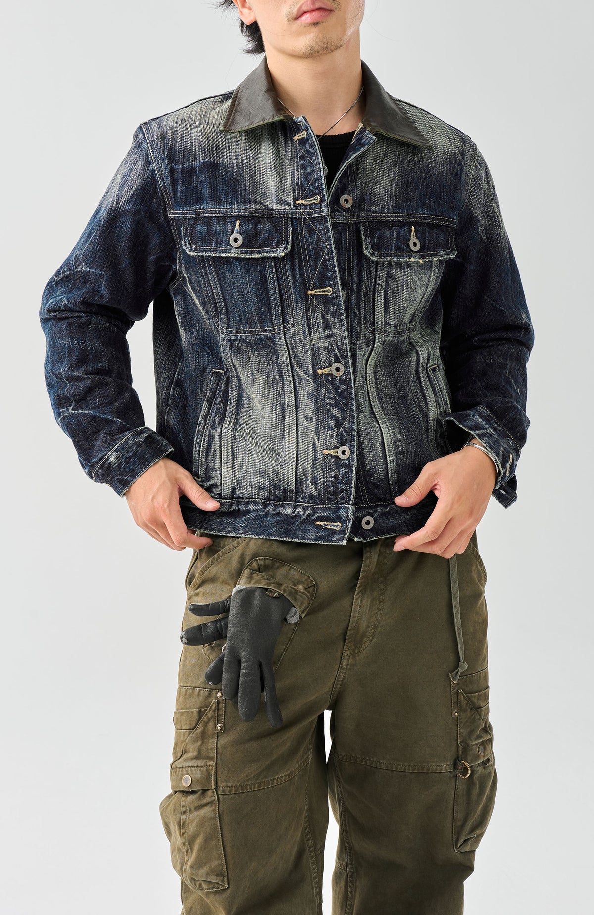 NEIGBORL Washed Faux Leather Collar Denim Jacket