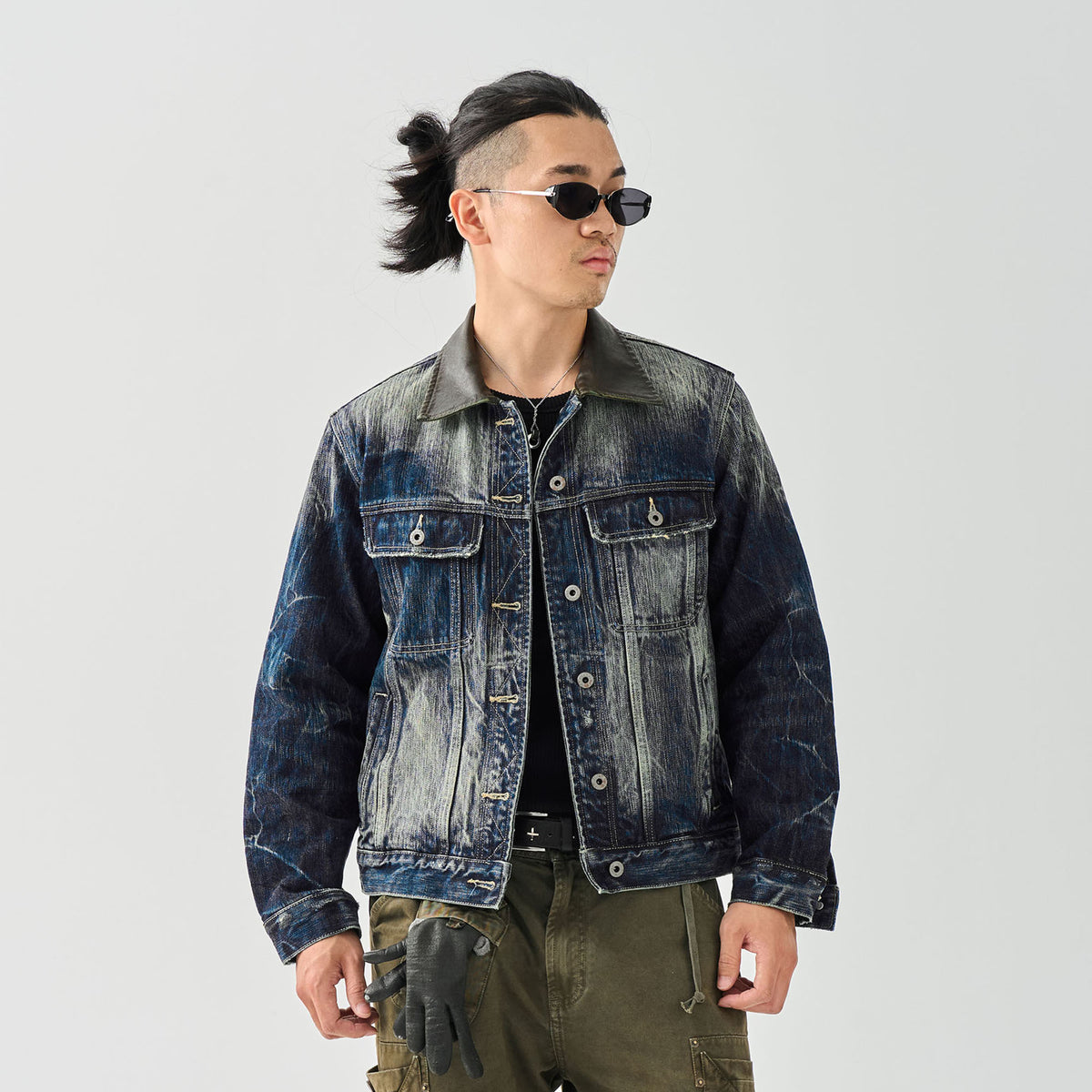 NEIGBORL Washed Faux Leather Collar Denim Jacket