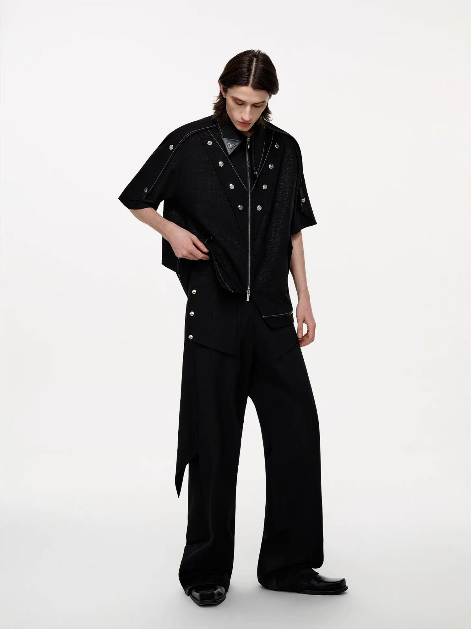 TIWILLTANG Studded Trim Zip-Up Half Shirt, premium urban and streetwear designers apparel on PROJECTISR.com, TIWILLTANG