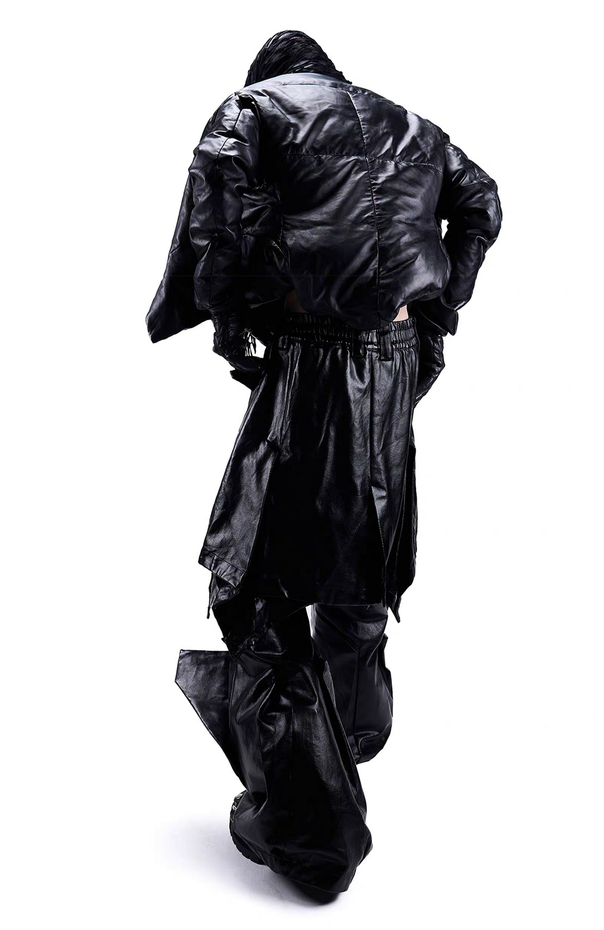 VANGUARDIA Deconstructed Layered Coated Denim Flared Pants