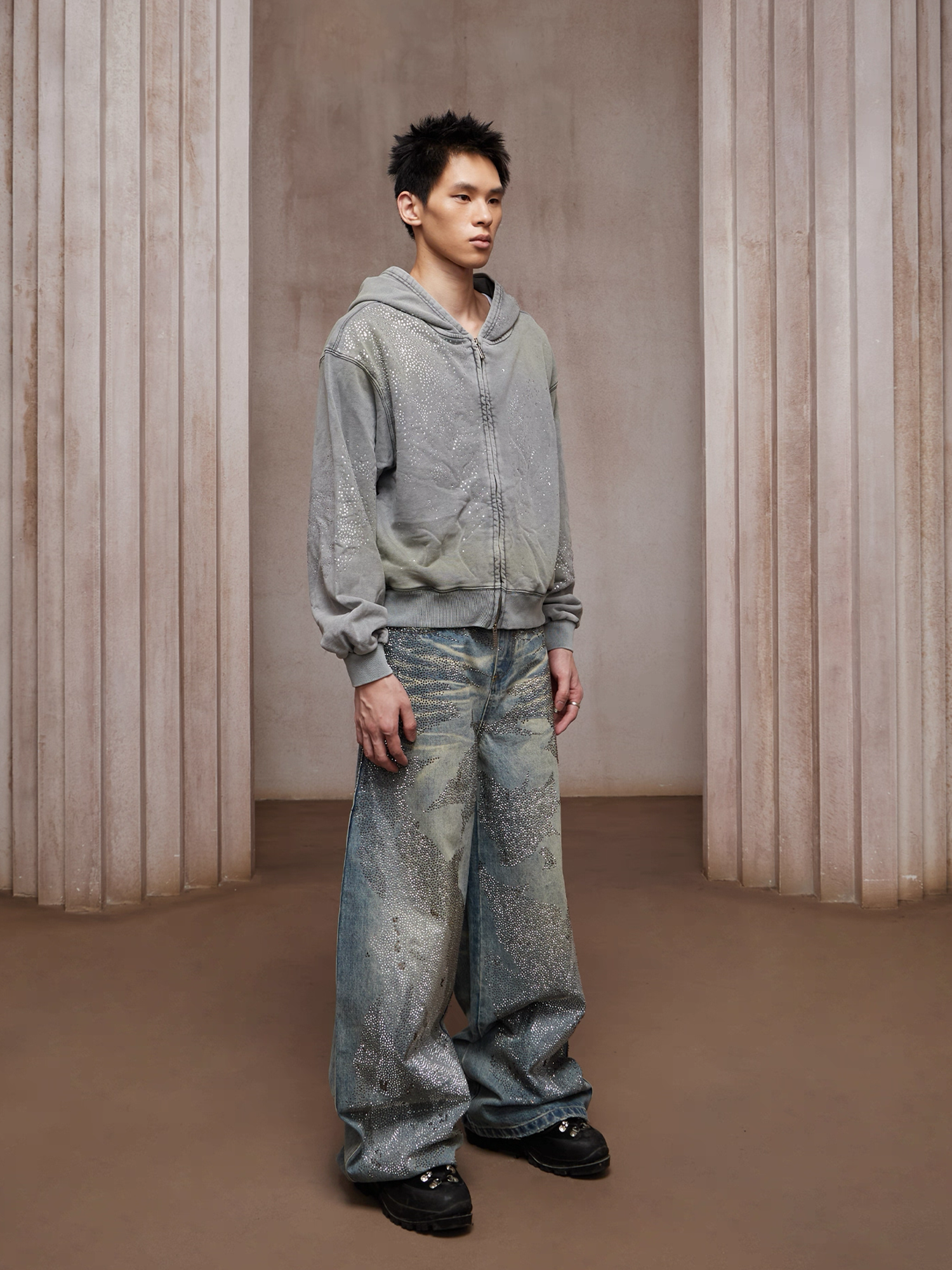 DND4DES Dirty-Washed Diamond Wide-Leg Jeans Blue