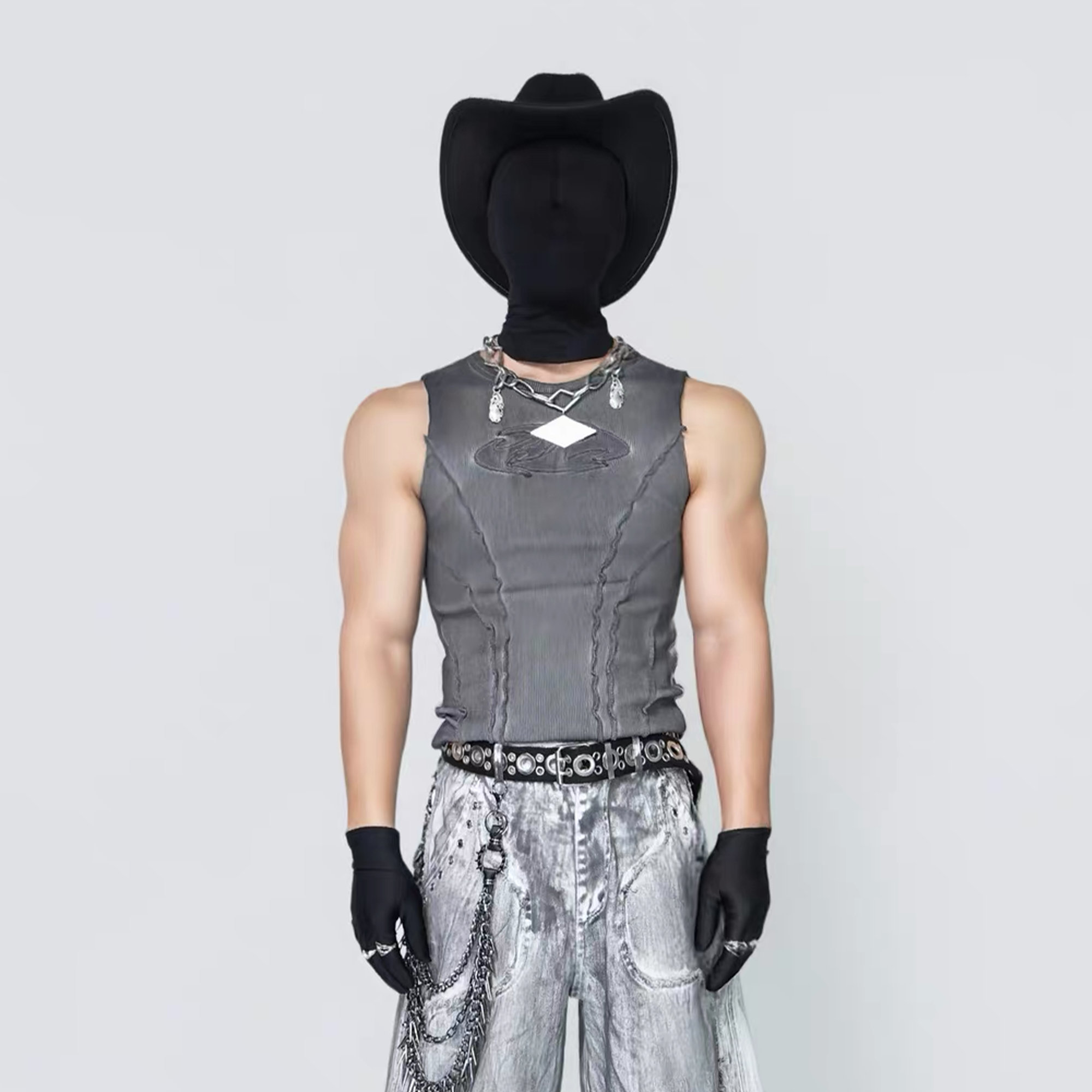 VE2 Distressed Washed Ribbed Cropped Slim Tank Top