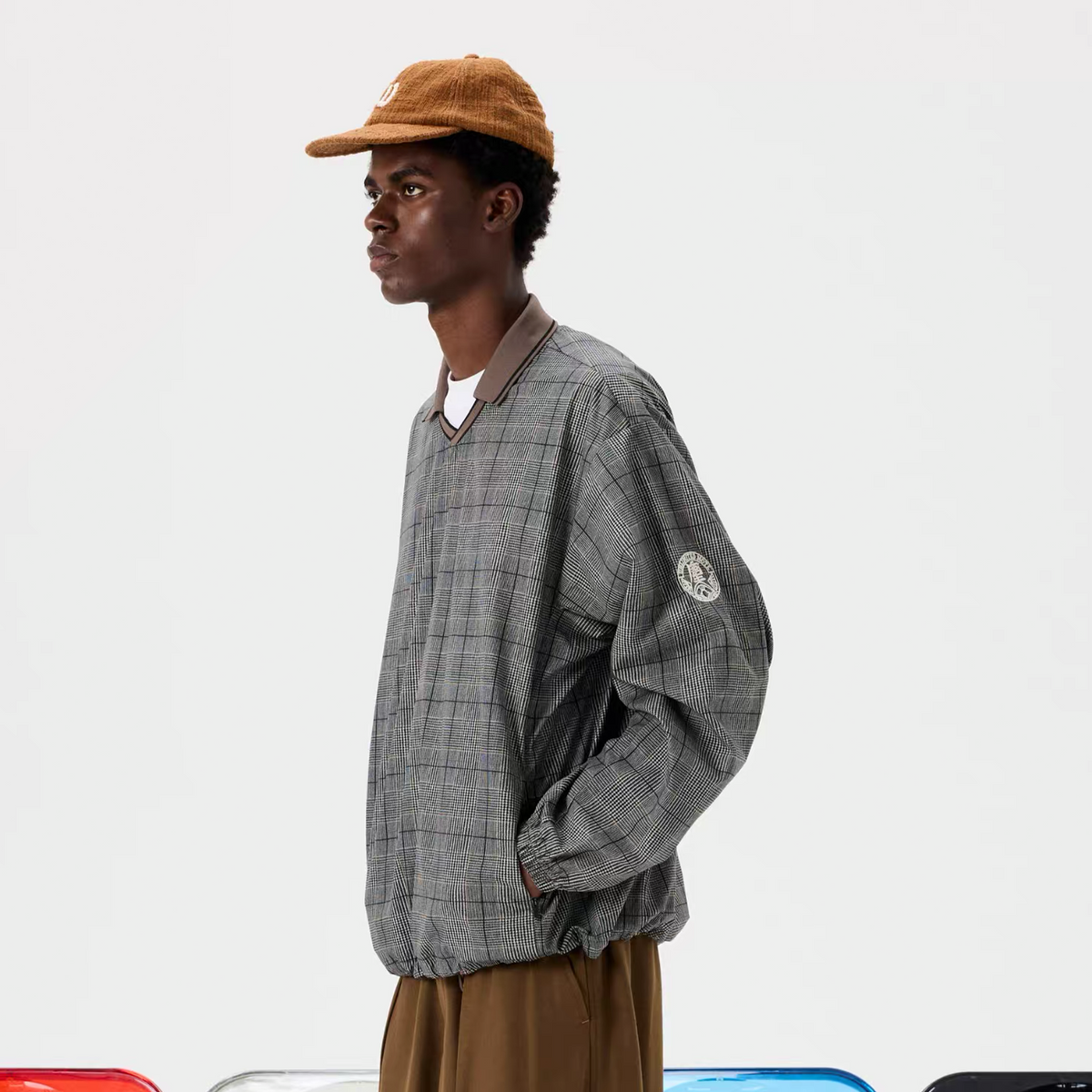 UNLIMITED MOTE Glen Plaid Double-Collar Drawstring Long-Sleeve Shirt, premium urban and streetwear designers apparel on PROJECTISR.com, UNLIMITED MOTE