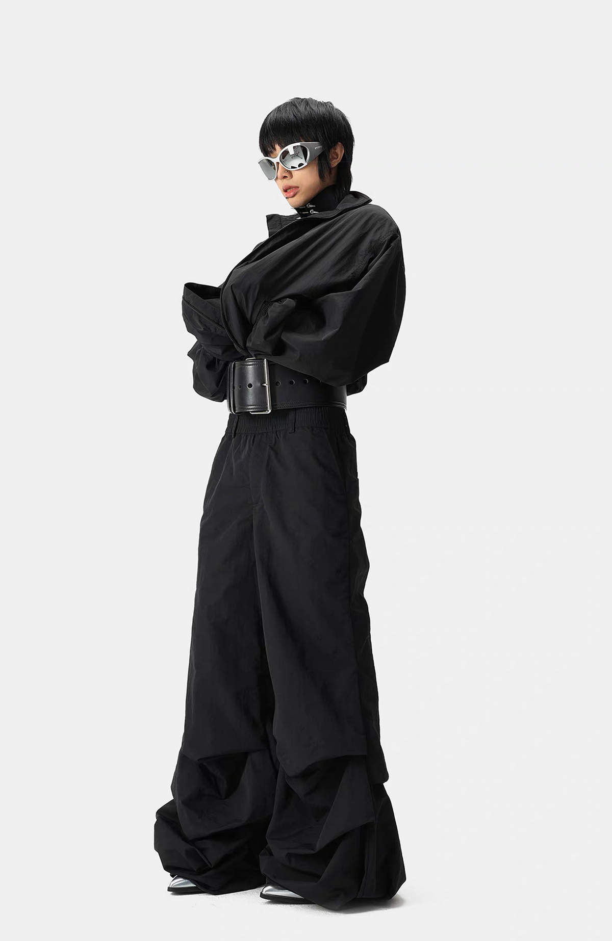 VANGUARDIA Crinkled Nylon Wide-Leg Flared Pants