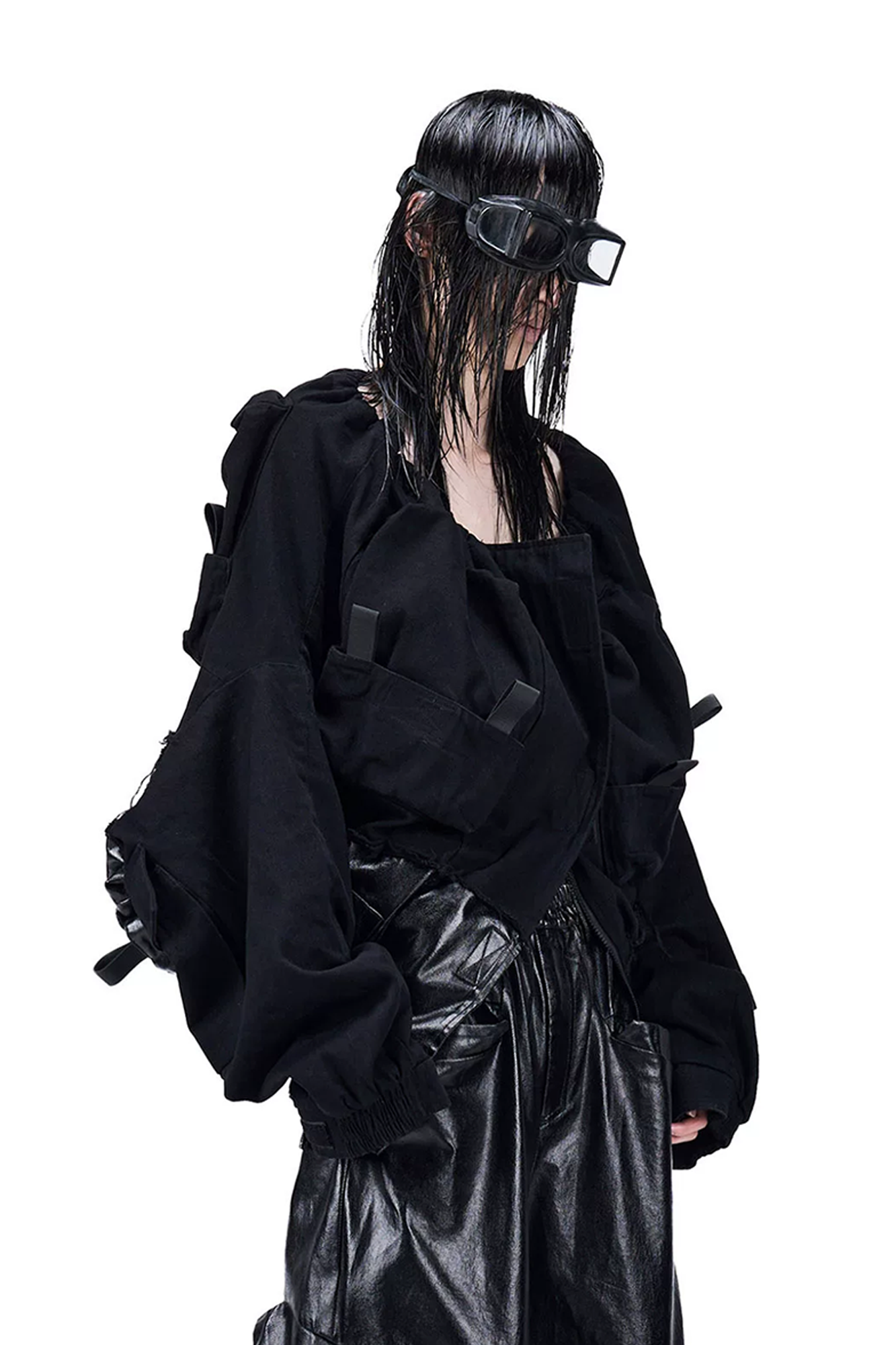 VANGUARDIA Spliced Coated Multi-Pocket Denim Jacket