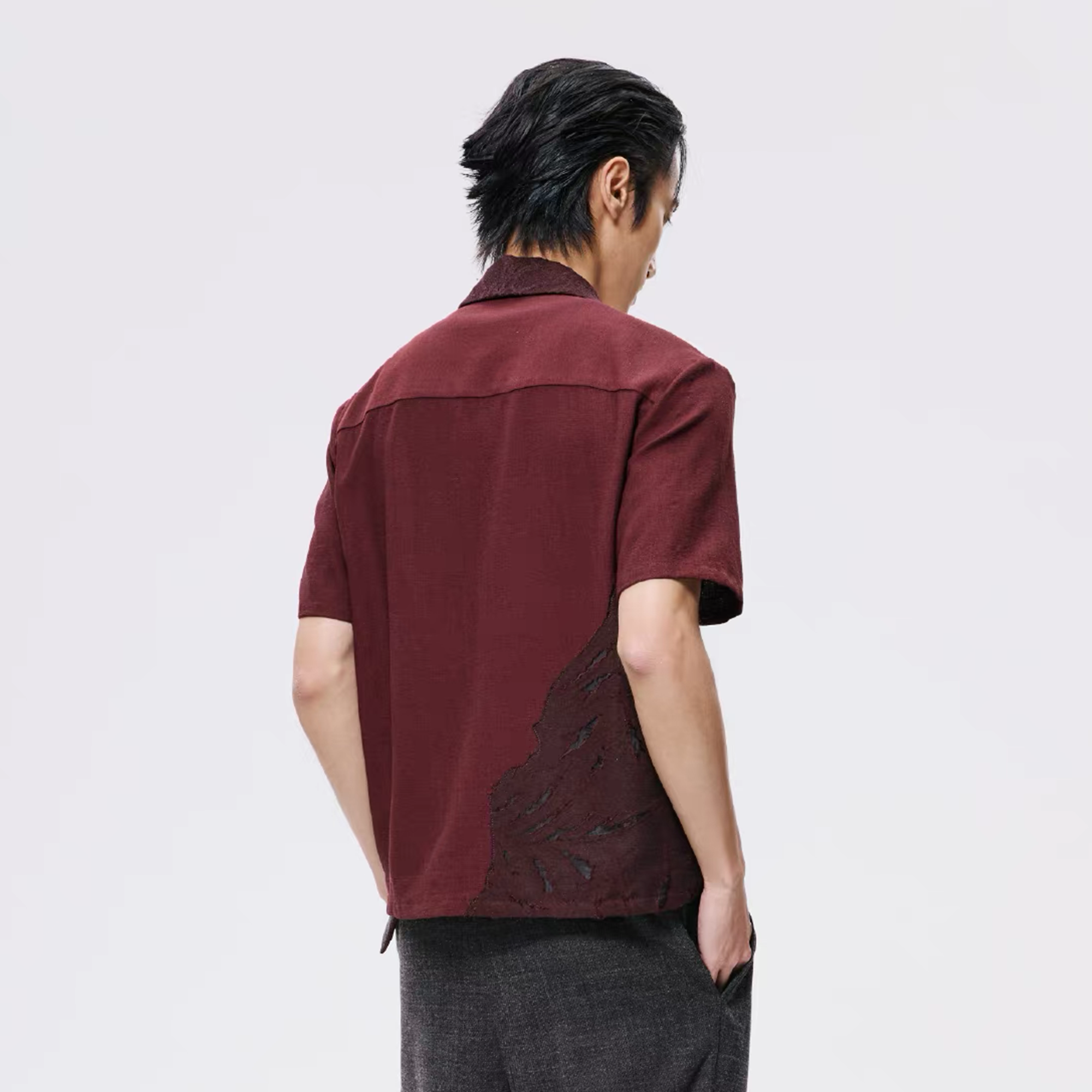 ALVNG AR ANTS Burnout Linen-Blend Asymmetrical Spliced Half Shirt