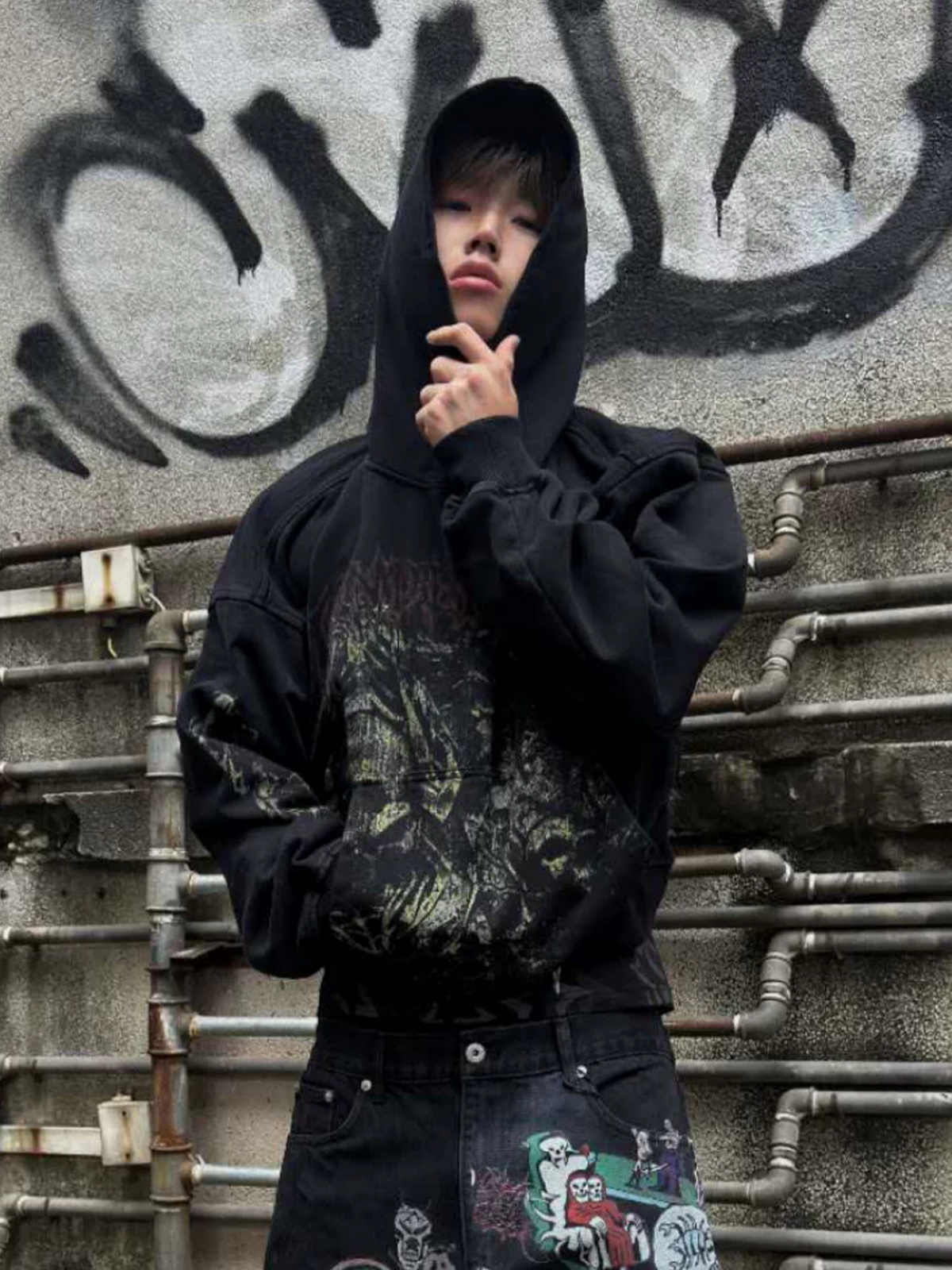 CINDER VEIN Green Demon Rune Washed Graphic Hoodie