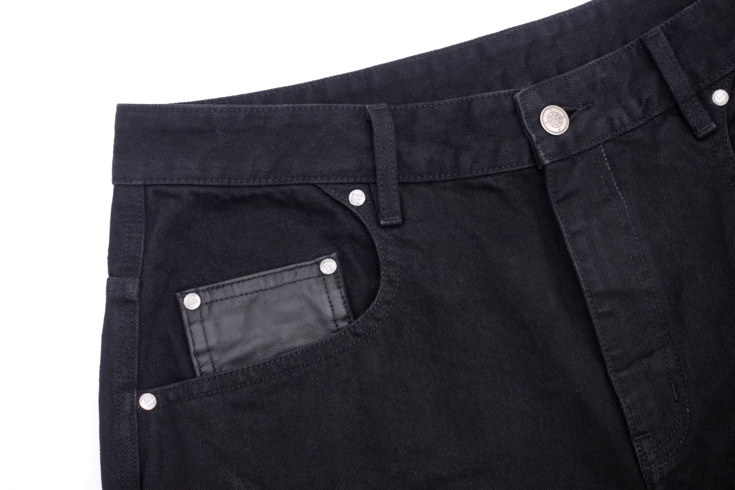 IN EXISTENCE Washed Rivet-Trim Patch Denim Shorts, premium urban and streetwear designers apparel on PROJECTISR.com, IN EXISTENCE