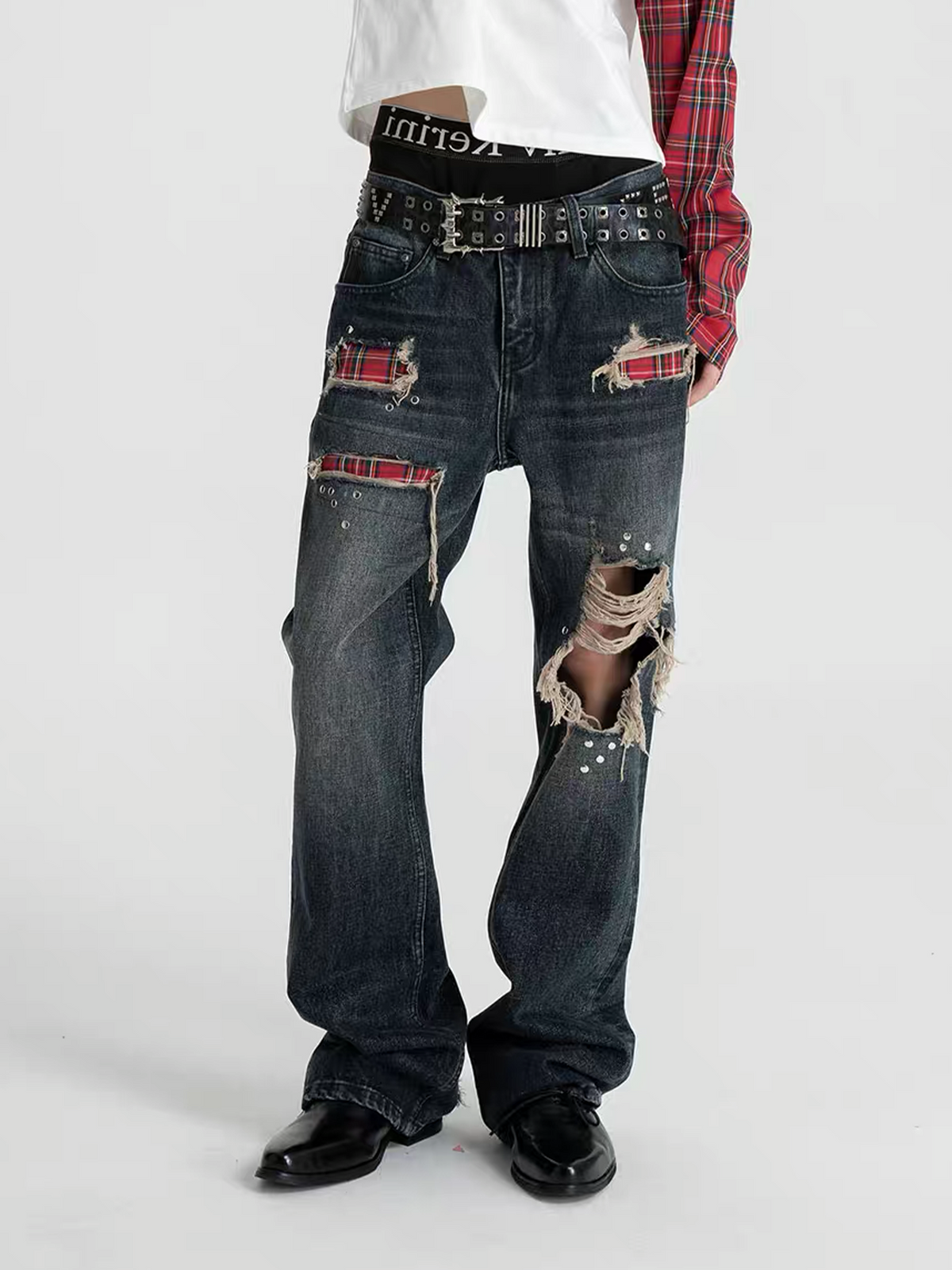 SEXXDEVIL Plaid Patch Distressed Rivet Washed Flared Jeans