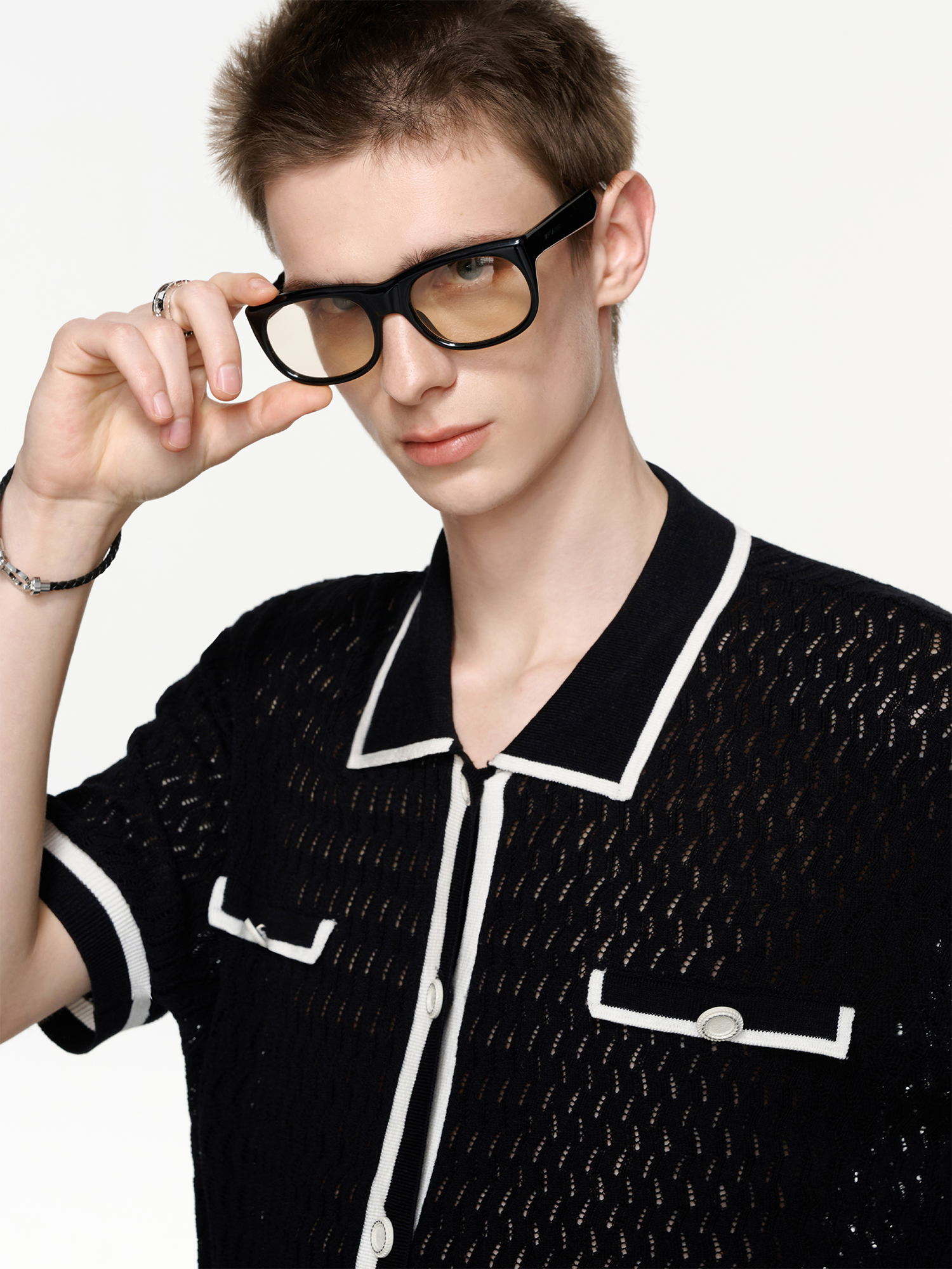 TIWILLTANG Contrast Trim Knitted Half Shirt