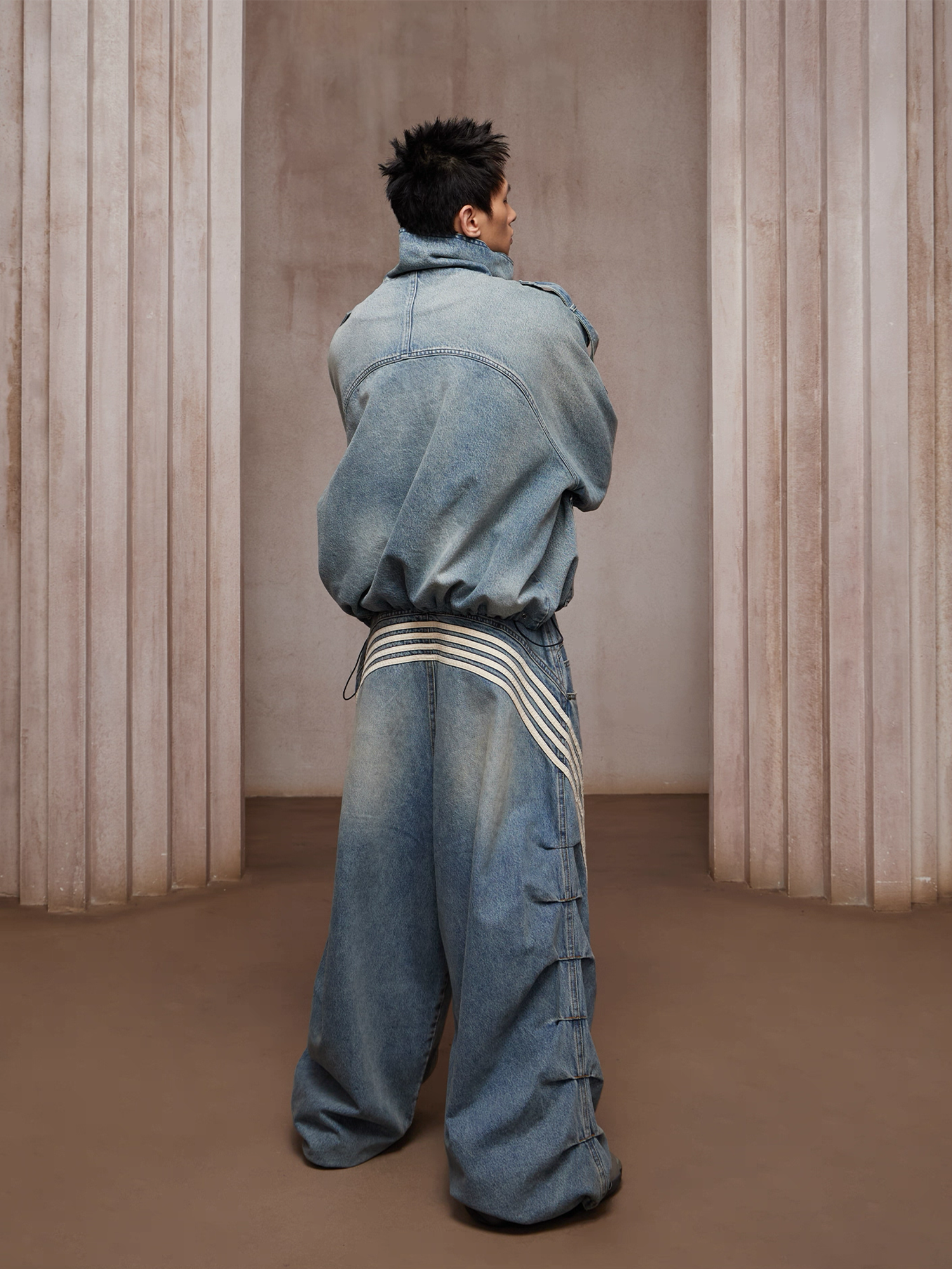 DND4DES Washed Double-Breasted Multi-Pocket Denim Bomber