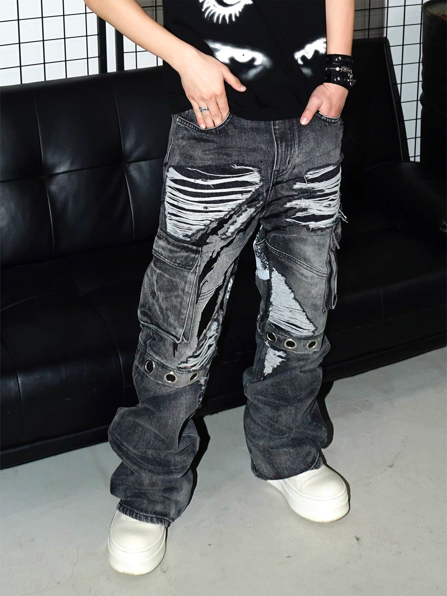 VINKID Distressed Grommet Strap Flared Jeans, premium urban and streetwear designers apparel on PROJECTISR.com, VINKID