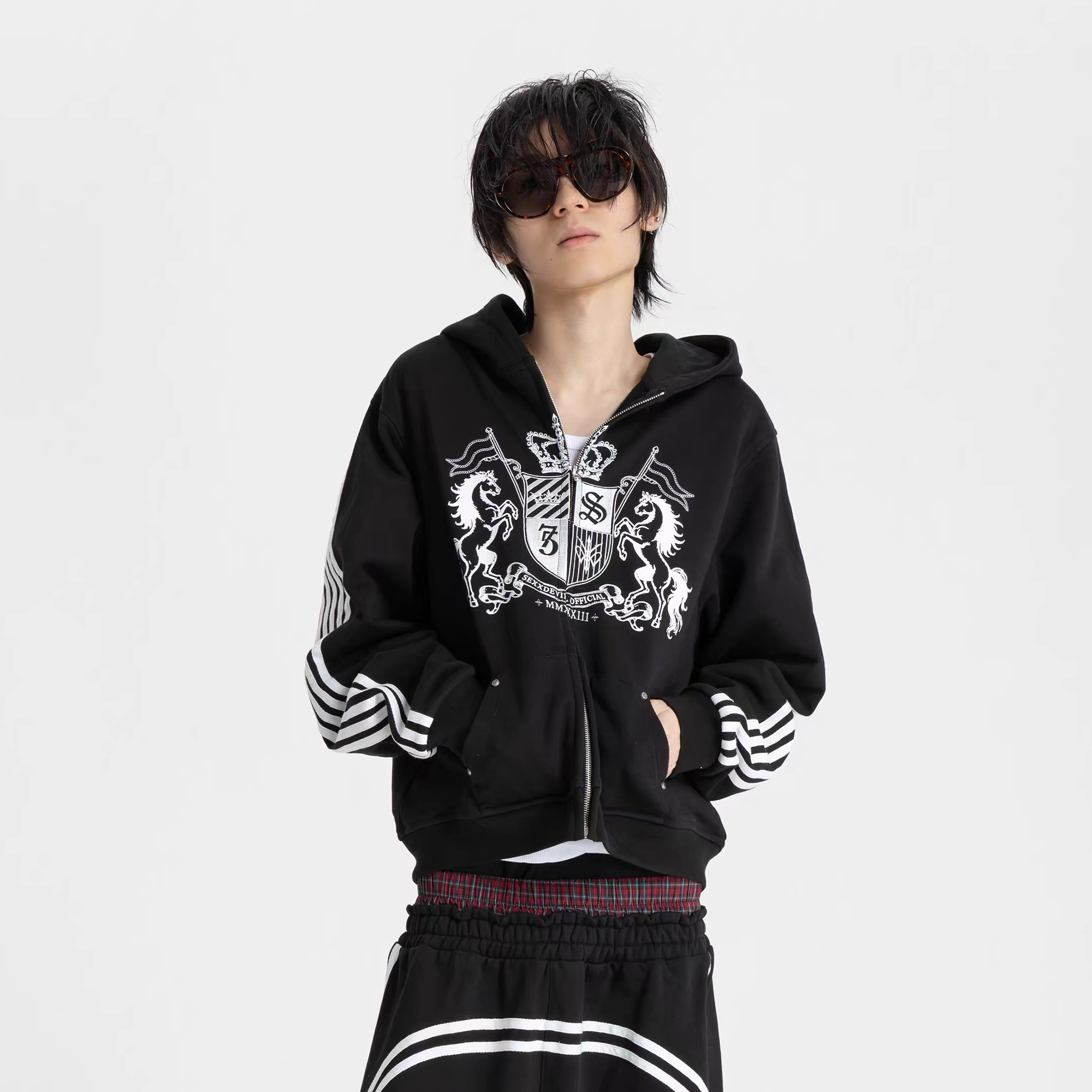 SEXXDEVIL Striped Embroidered Zip-Up Hoodie