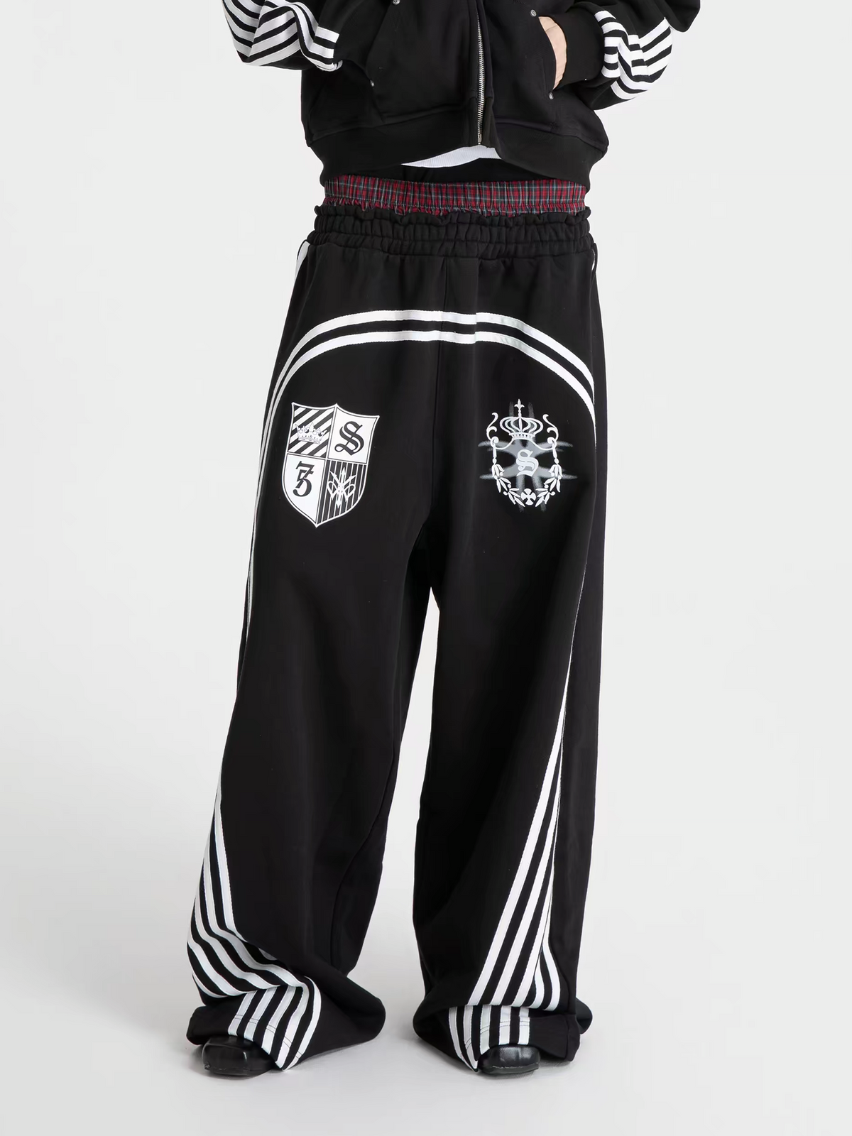 SEXXDEVIL Plaid Double-Waistband Striped Sweatpants