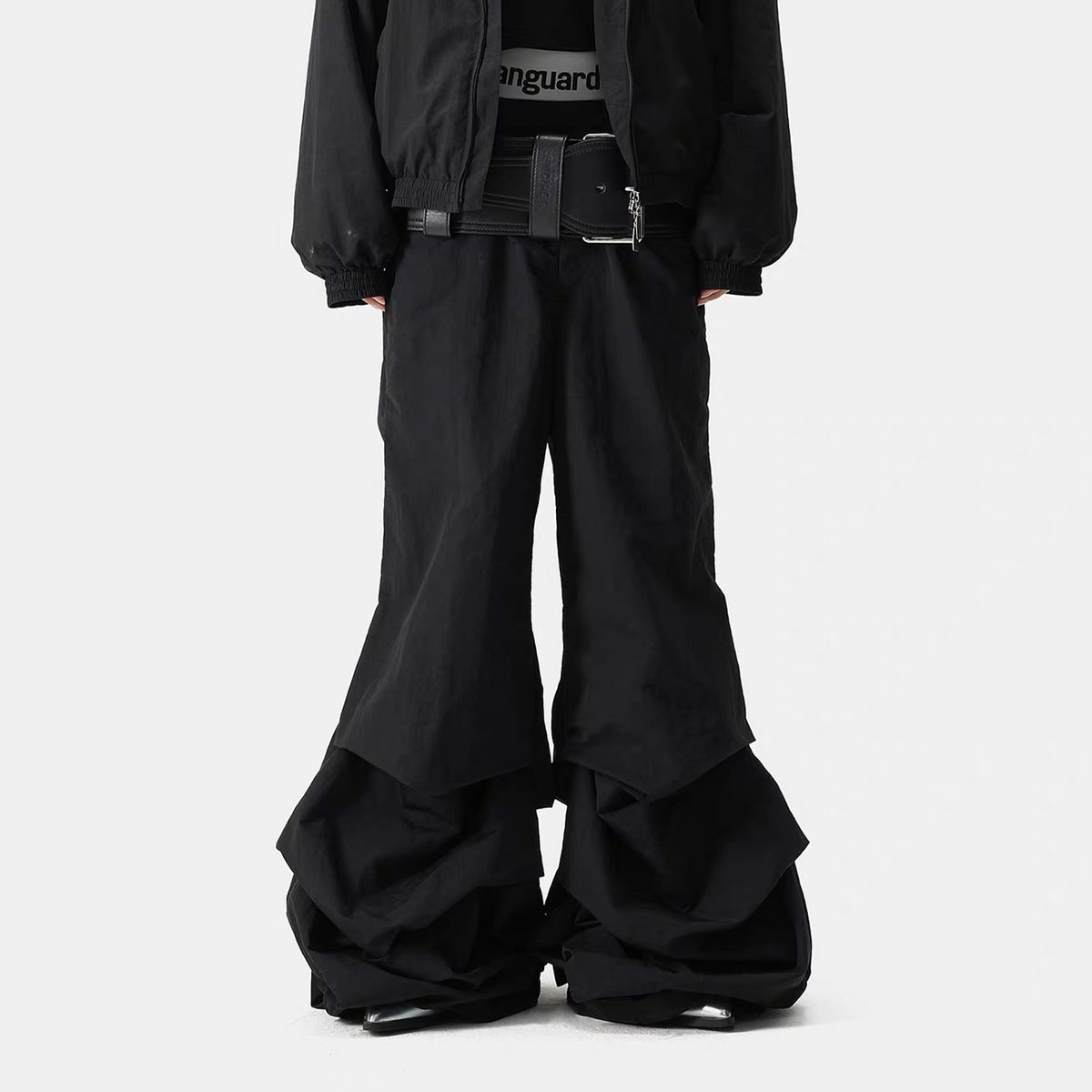 VANGUARDIA Crinkled Nylon Wide-Leg Flared Pants