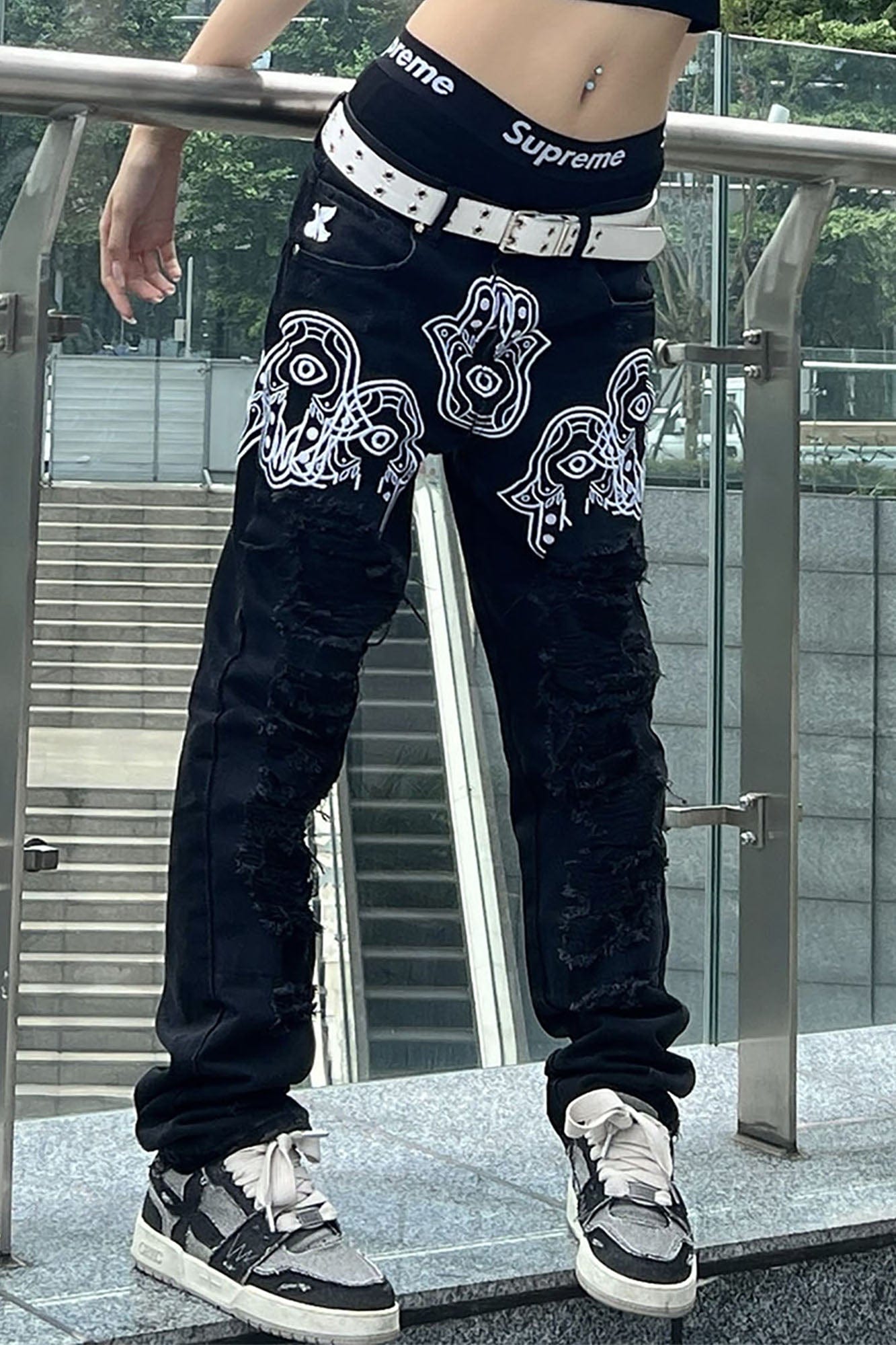VINKID Hamsa Embroidered Double-Layer Ripped Stacked Jeans, premium urban and streetwear designers apparel on PROJECTISR.com, VINKID
