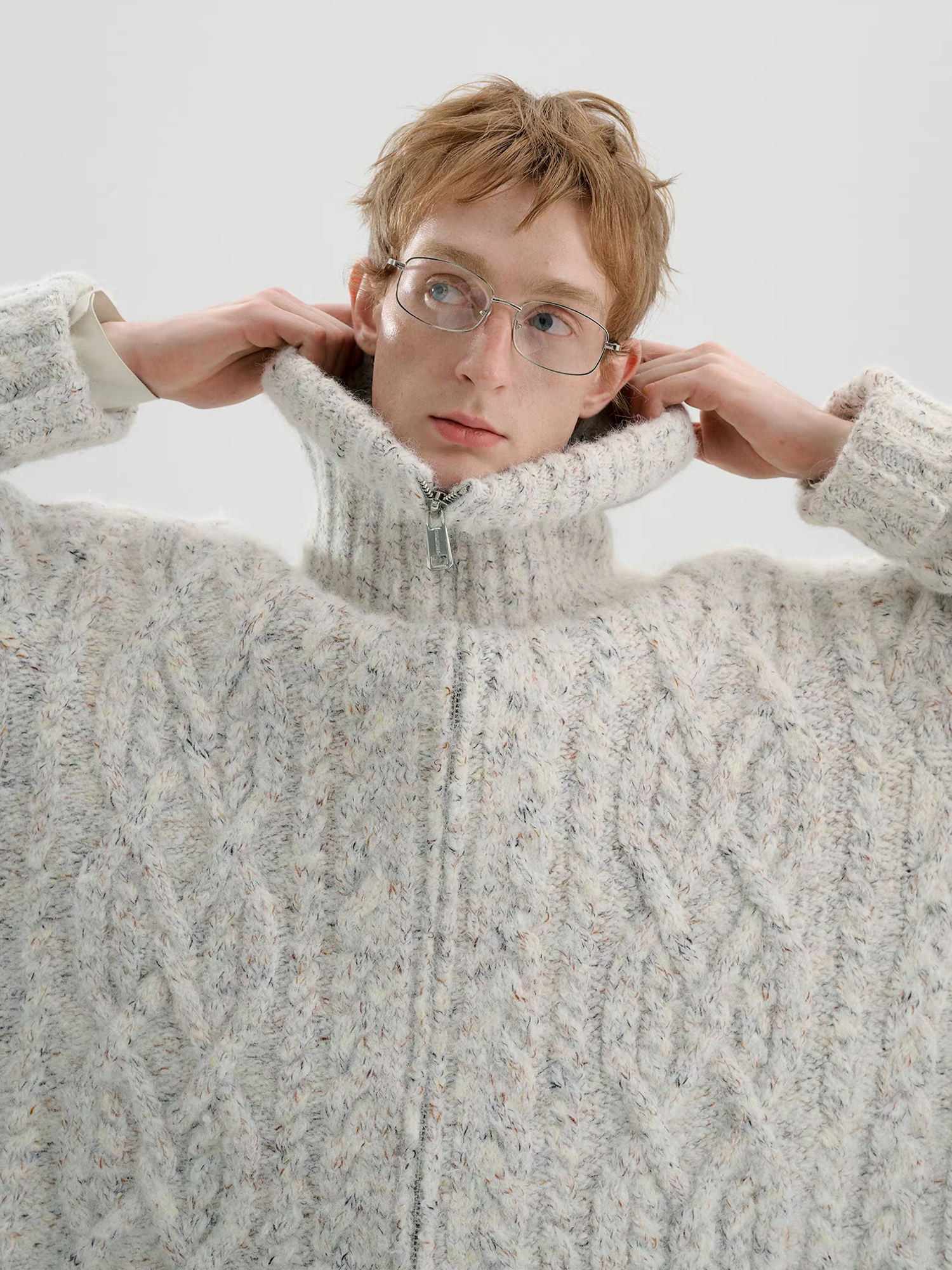 TIWILLTANG Dual-Zipper Cable Knit Funnel Sweater