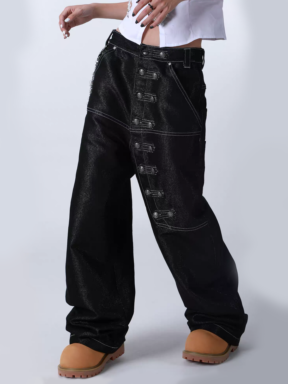 SEXXDEVIL Napoleon-Button Paneled Metallic Denim Jeans