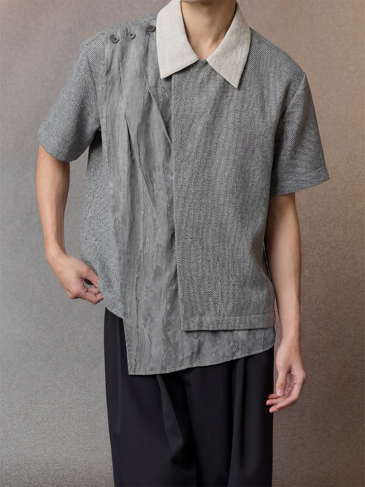 ALVNG AR ANTS Asymmetrical Contrast Spliced Linen Half Shirt, premium urban and streetwear designers apparel on PROJECTISR.com, ALVNG AR ANTS