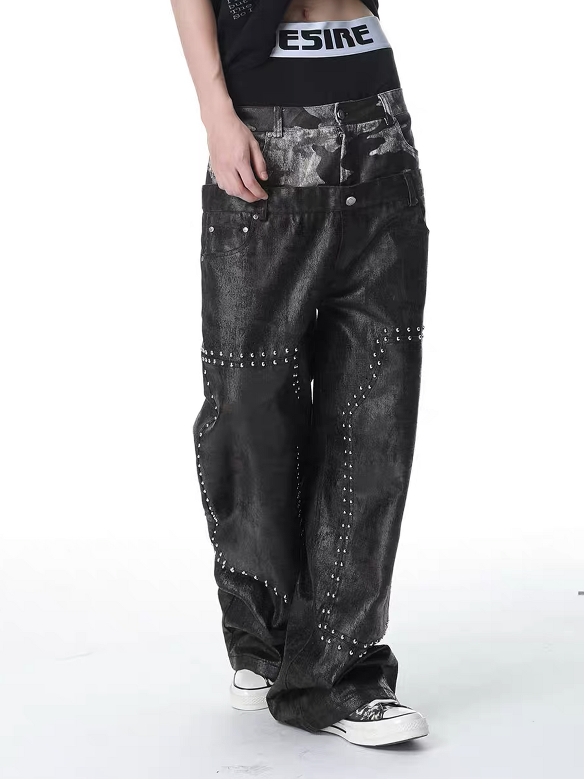 SEXXDEVIL Camo Washed Spliced Studded Jeans