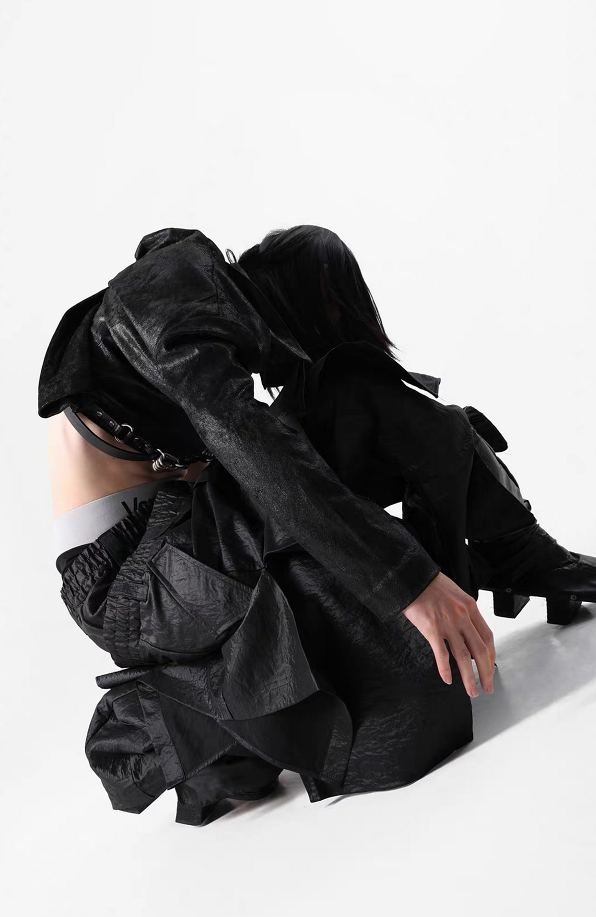 VANGUARDIA Liquid Metal Layered-Waist Skirt Pants