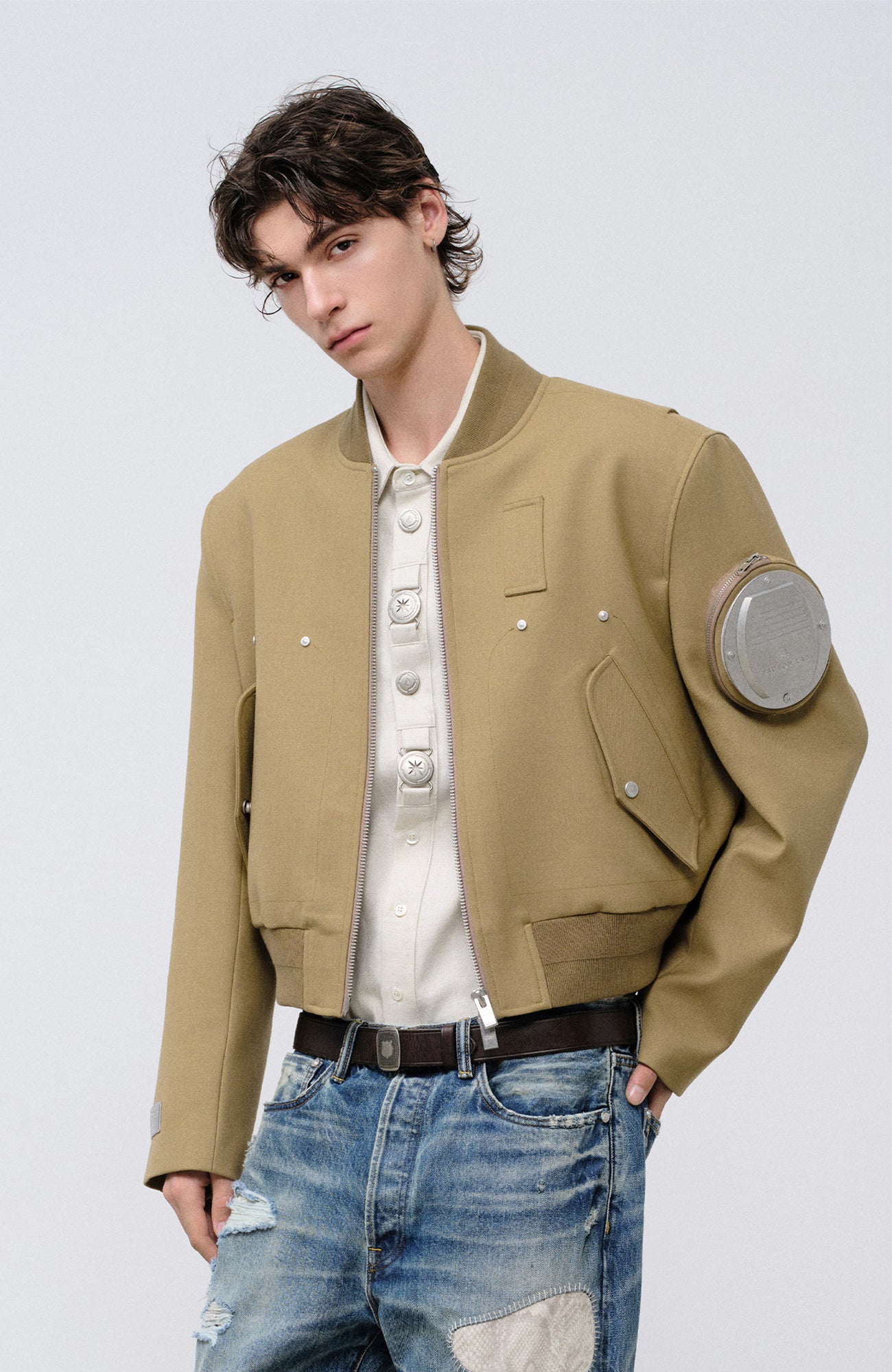 FACEONLAB Arm-Patched Bomber Jacket Khaki, premium urban and streetwear designers apparel on PROJECTISR.com, FACEONLAB