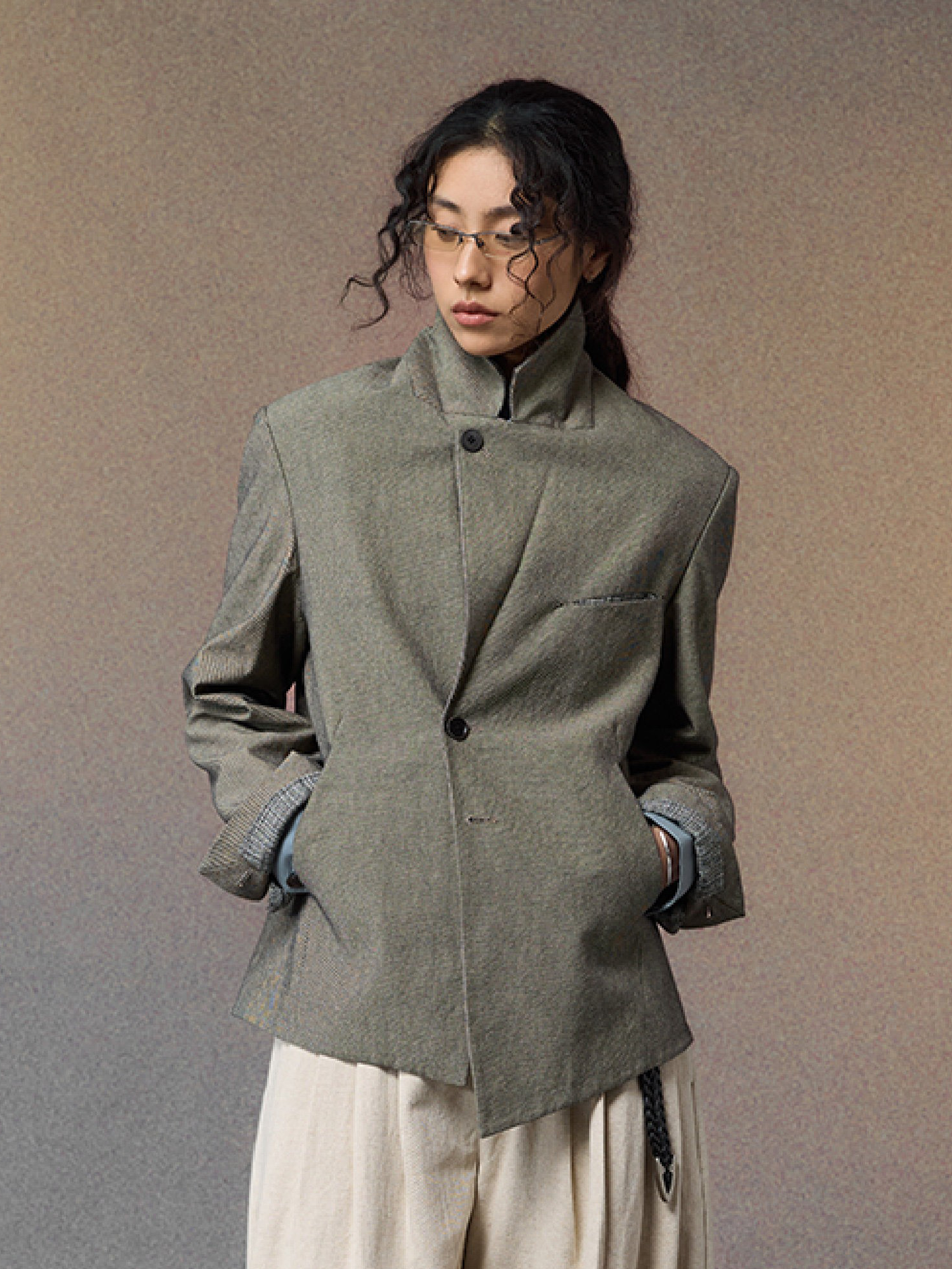 ALVNG AR ANTS Spliced Dual-Collar Linen-Blend Blazer, premium urban and streetwear designers apparel on PROJECTISR.com, ALVNG AR ANTS