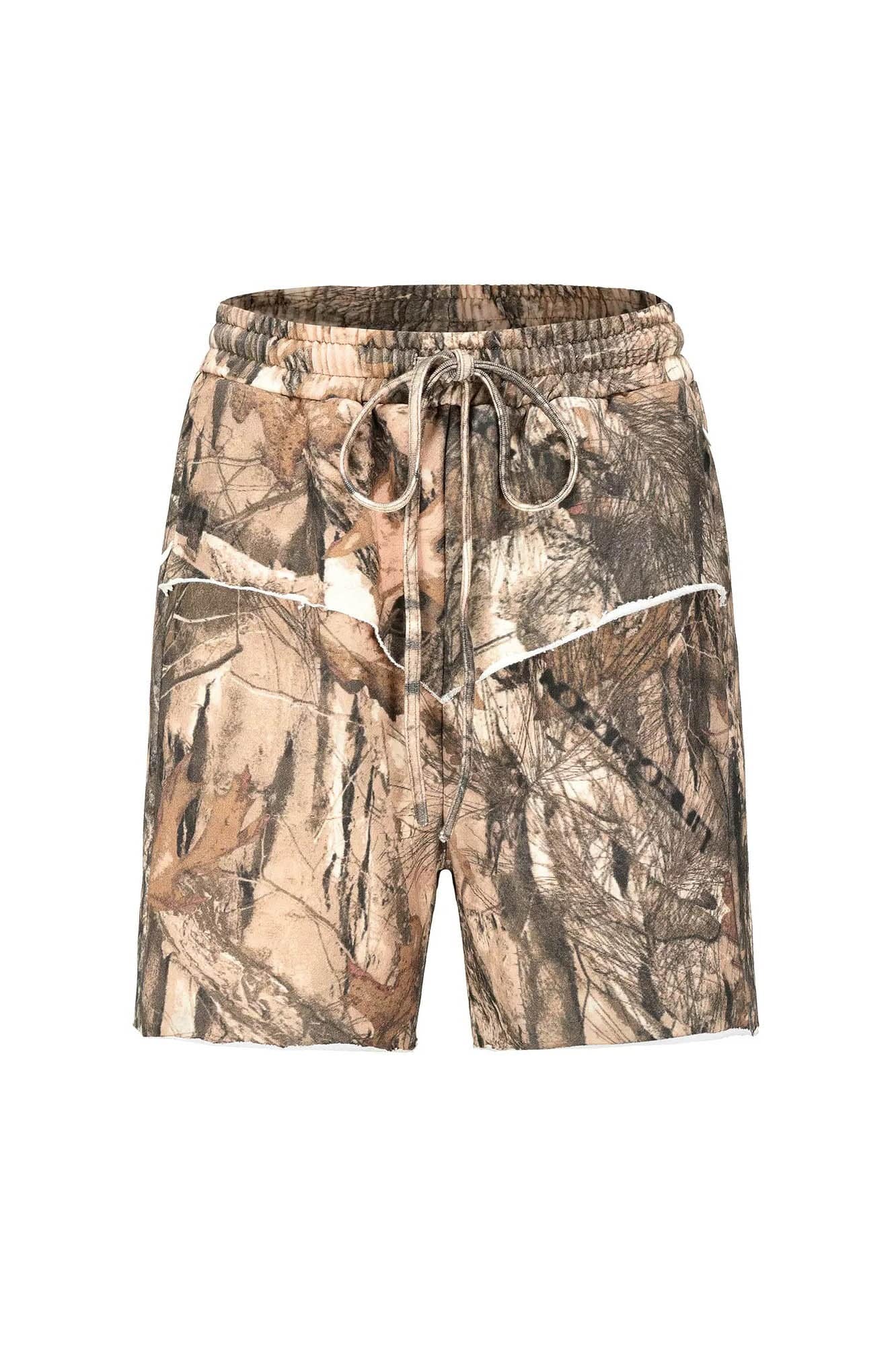 LIFEGOESON Forest Camo Spliced Raw Edge Shorts