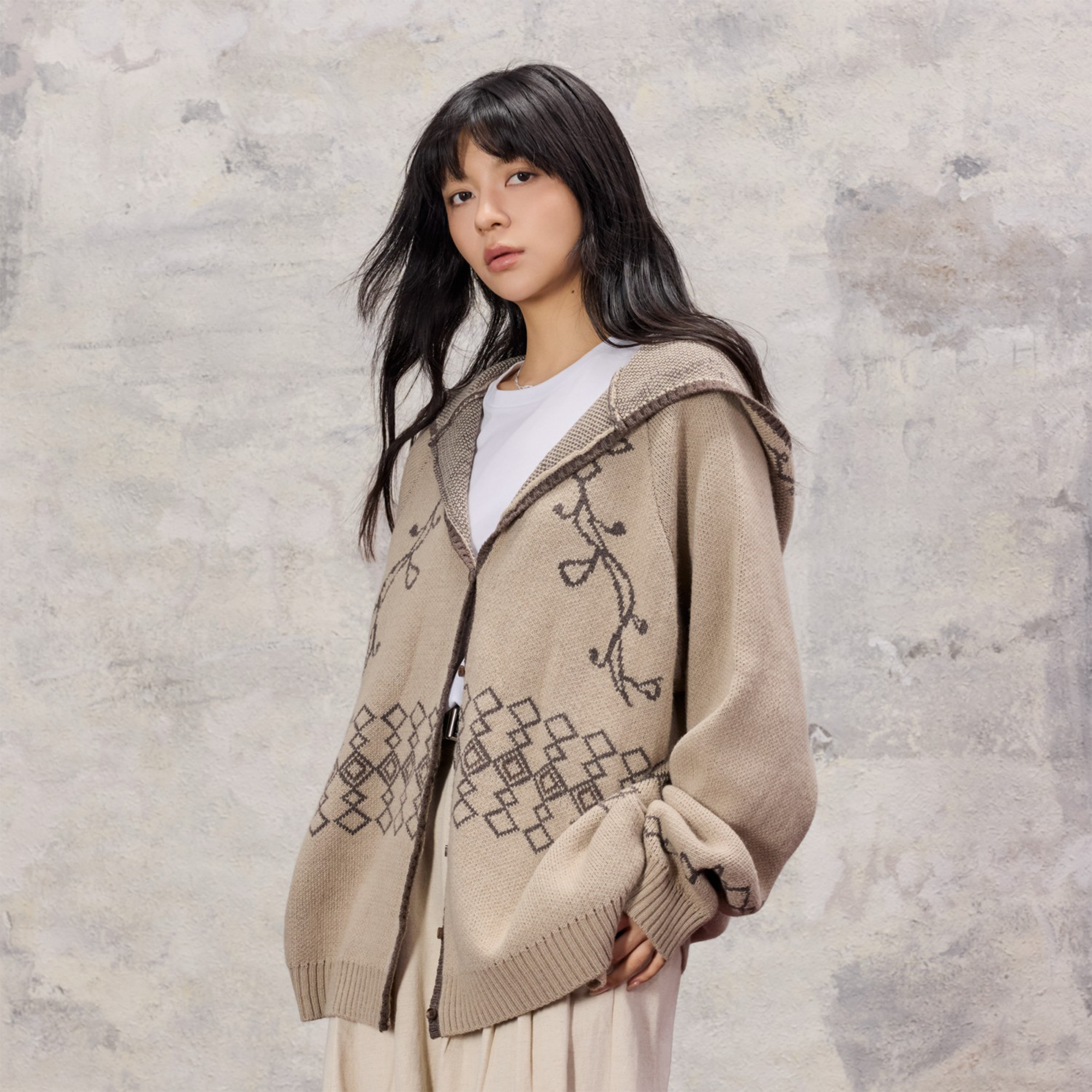 ALVNG AR ANTS Jacquard Floral Wool-Blend Hooded Cardigan