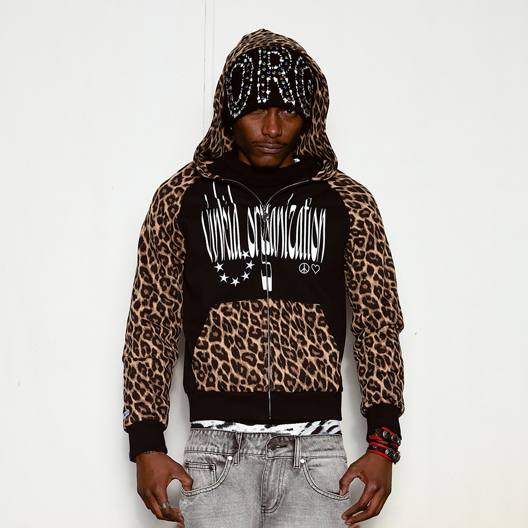 VINKID Leopard Full-Print Raglan Zip-Up Hoodie