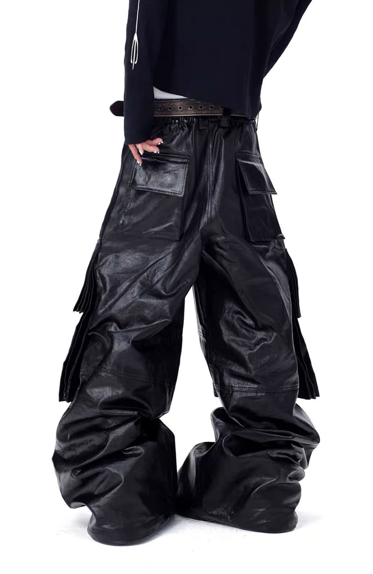 VANGUARDIA Coated Denim Multi-Pocket Wide-Leg Cargo Pants