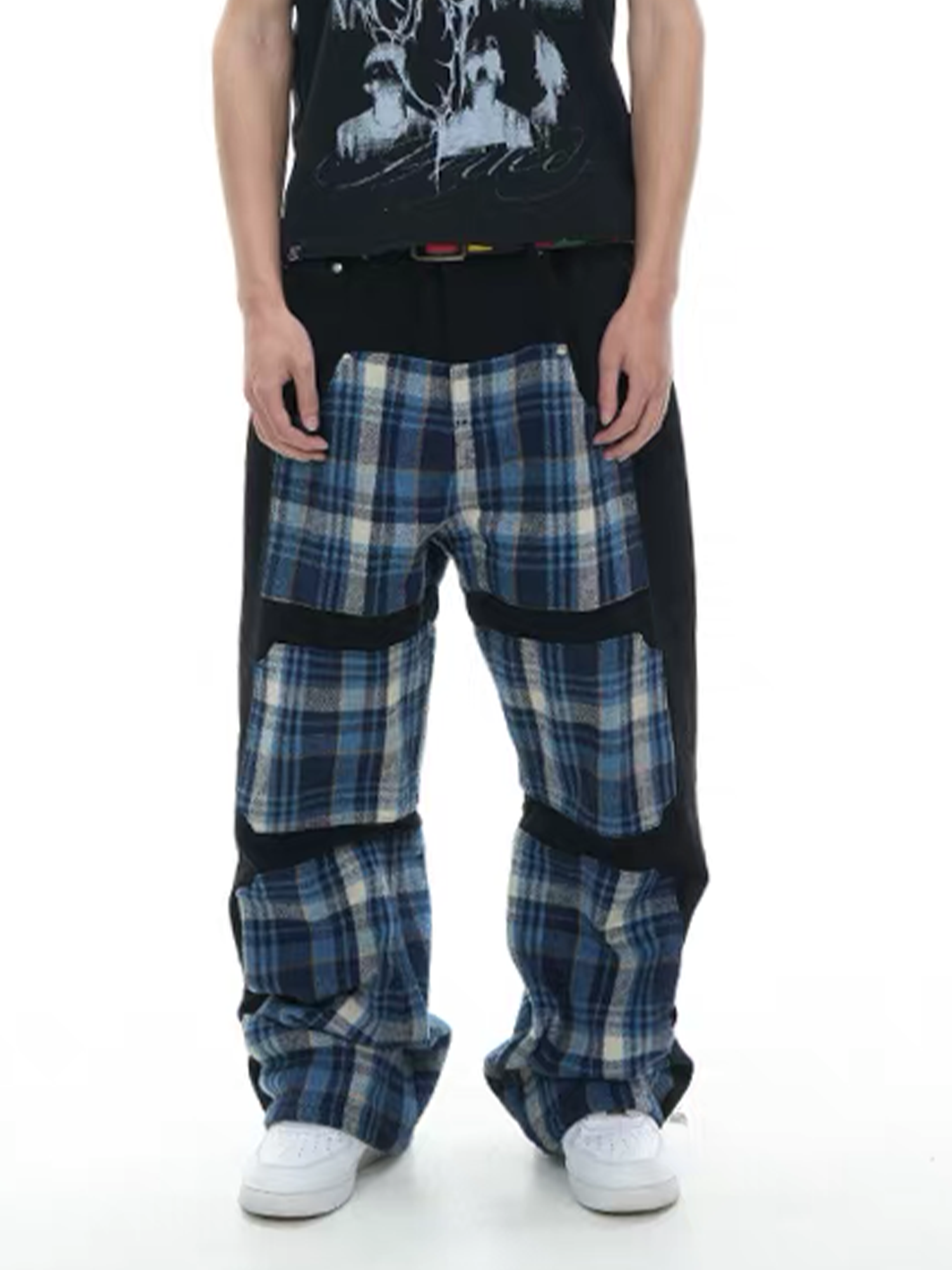 VINKID Plaid Paneled Wide-Leg Jeans