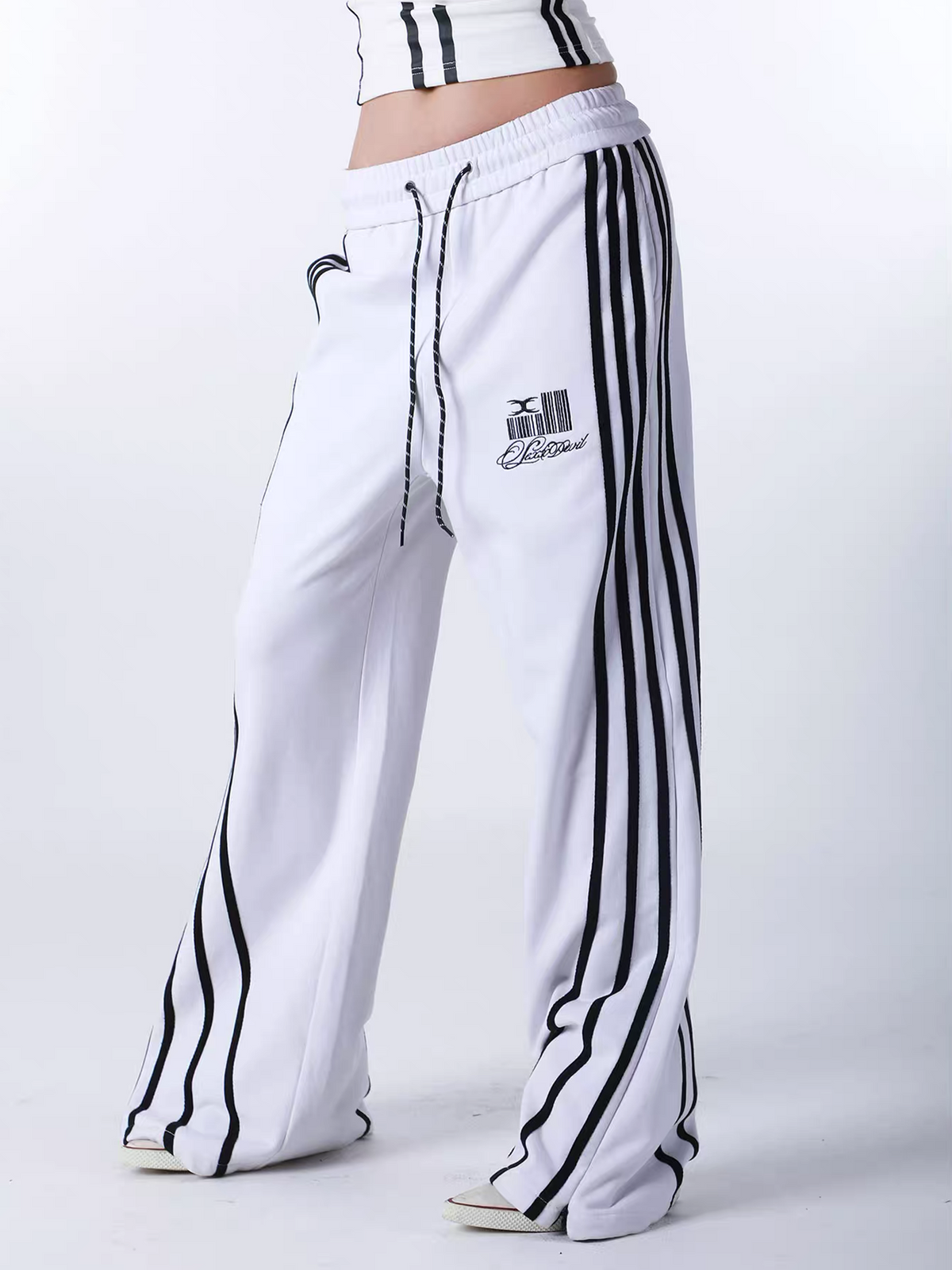 SEXXDEVIL Striped Deconstructed Zippered Embroidered Sweatpants