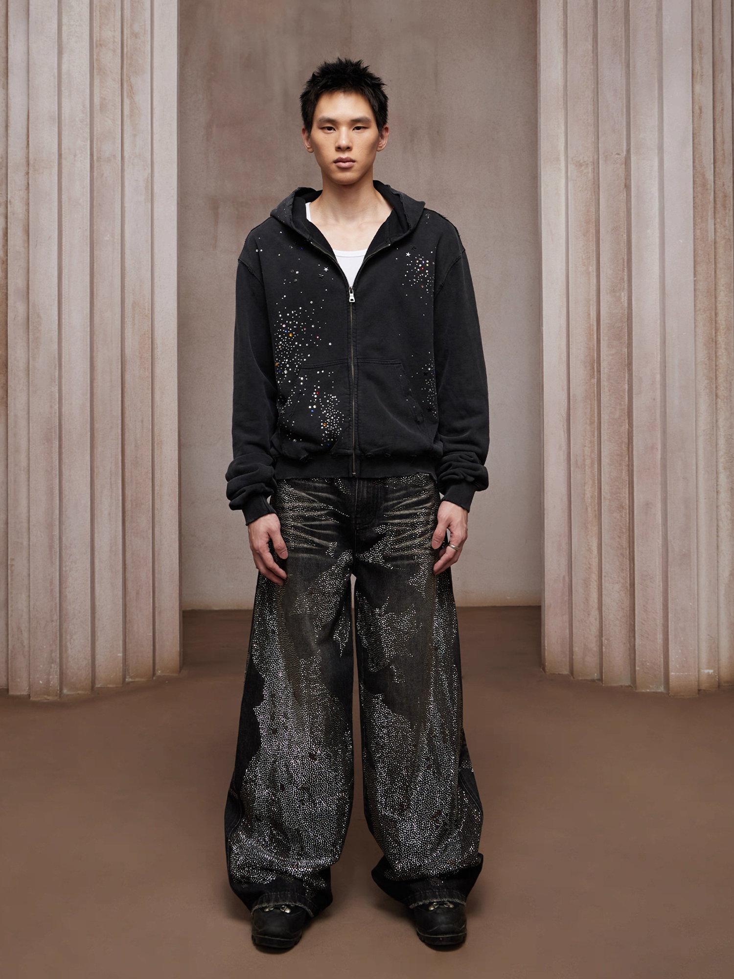 DND4DES Dirty-Washed Diamond Wide-Leg Jeans Black