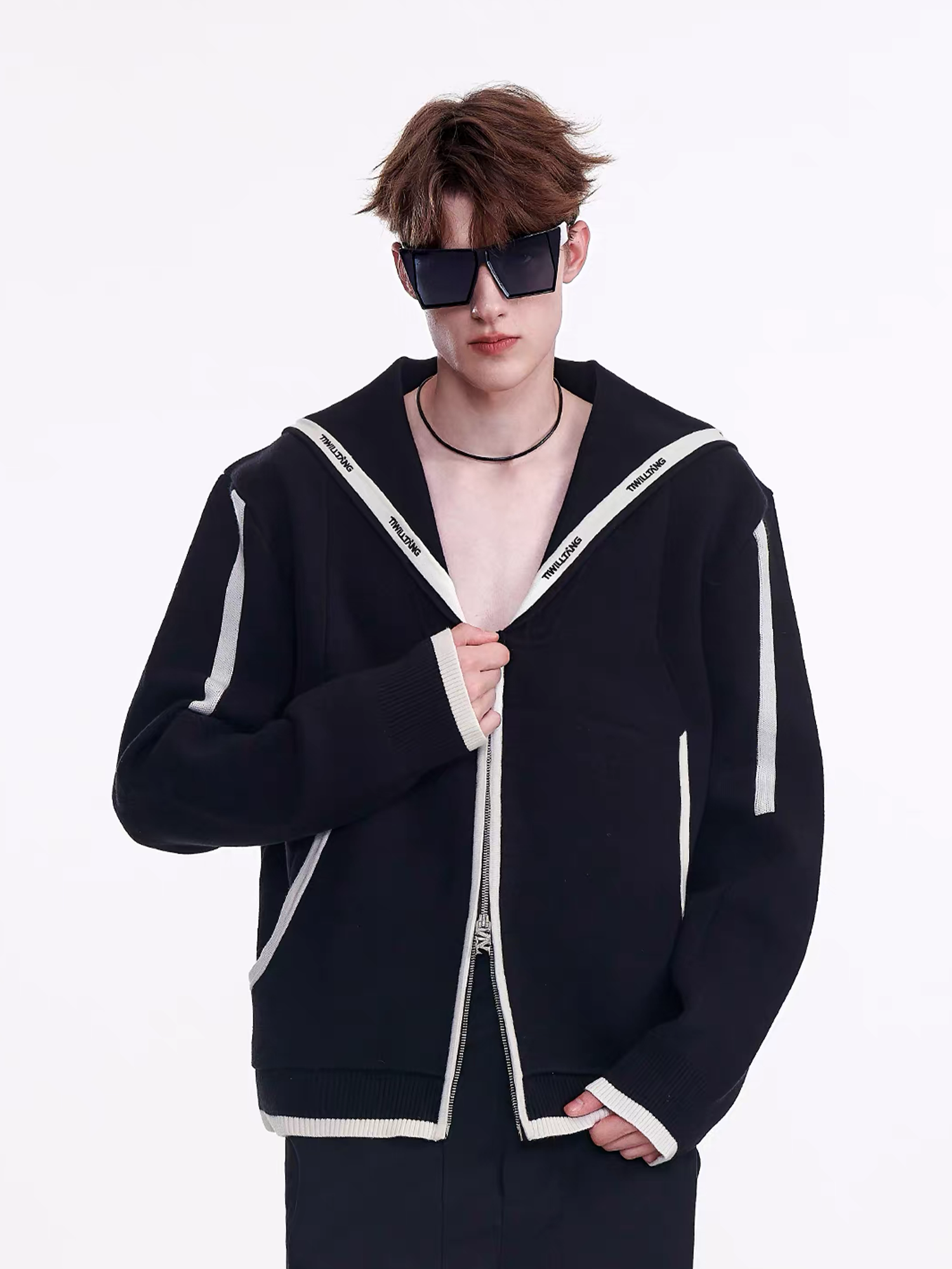 TIWILLTANG Contrast-Trim Sailor-Collar Jacket