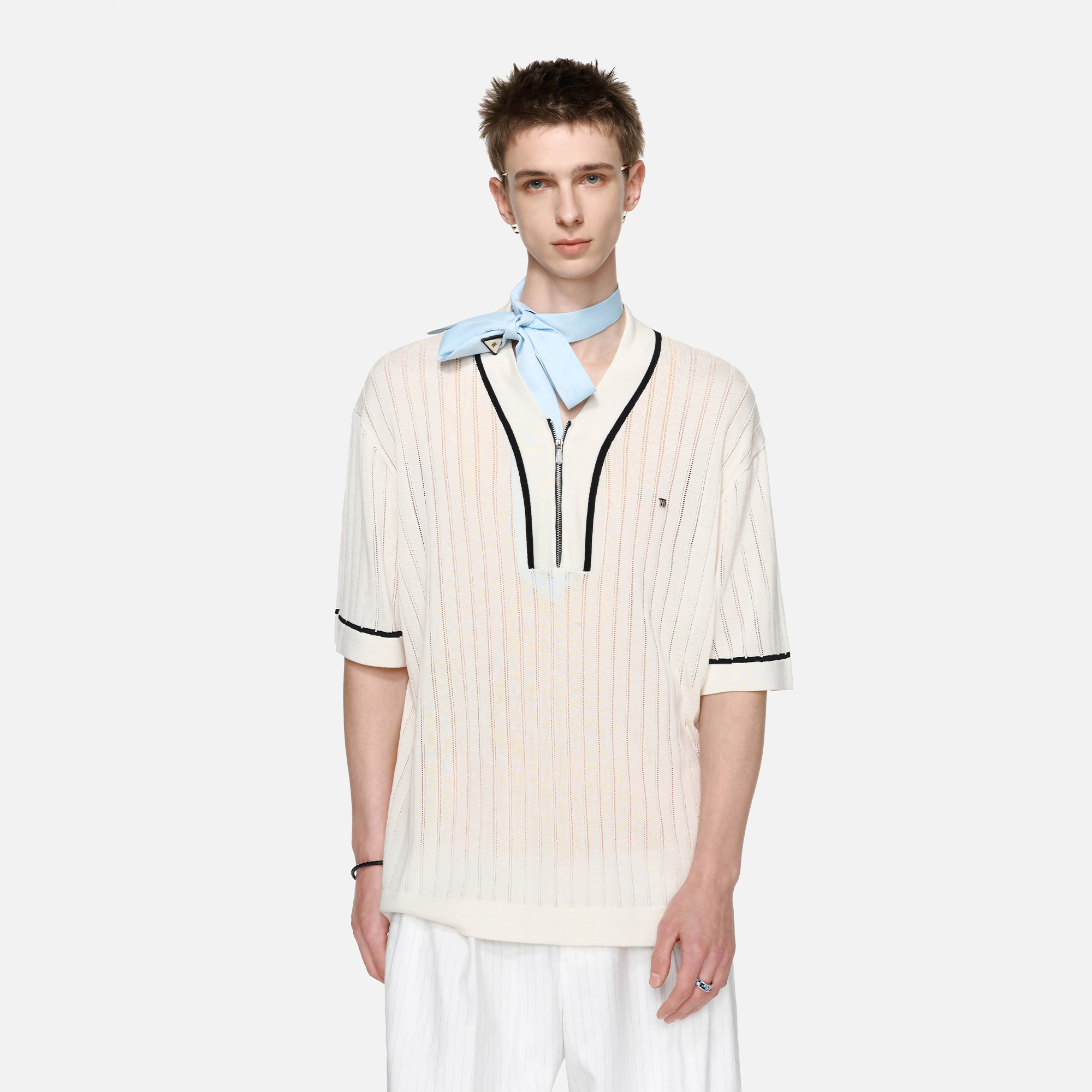 TIWILLTANG Openwork Contrast Trim Zip-Neck Knitted T Shirt