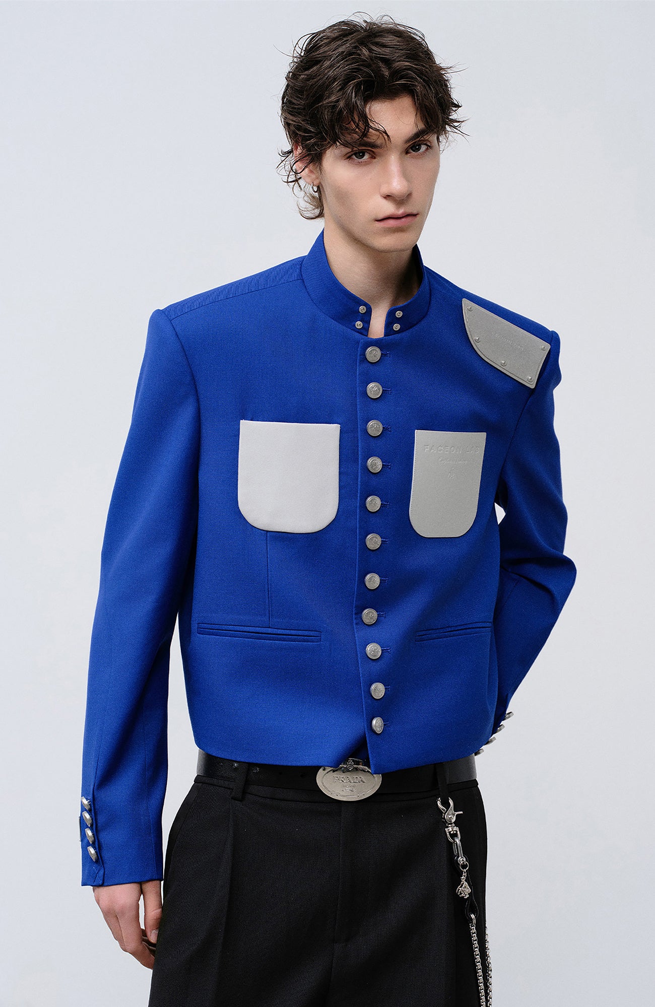 FACEONLAB Stand-Collar Metal-Shoulder Blazer Blue, premium urban and streetwear designers apparel on PROJECTISR.com, FACEONLAB