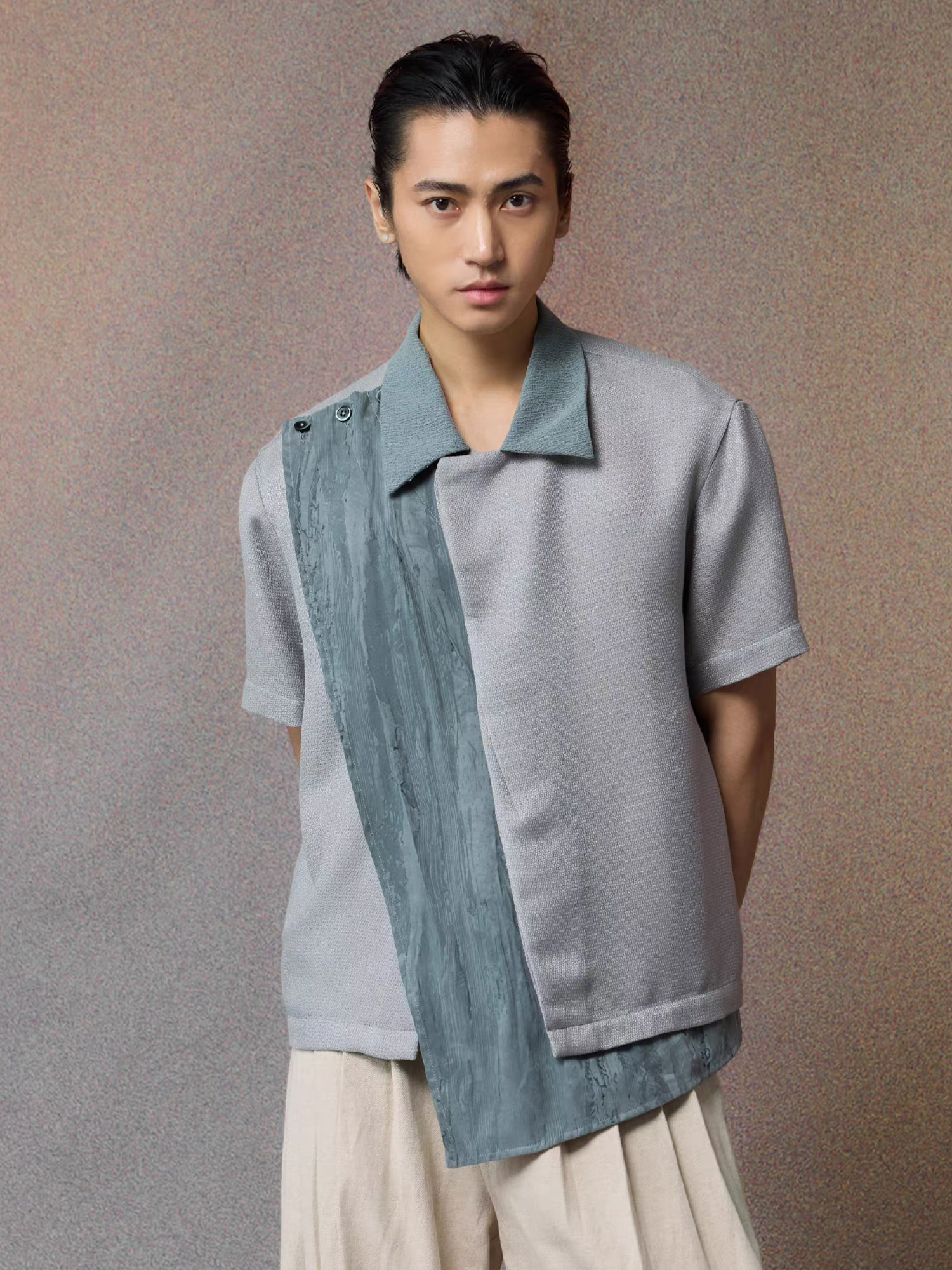ALVNG AR ANTS Asymmetrical Contrast Spliced Linen Half Shirt, premium urban and streetwear designers apparel on PROJECTISR.com, ALVNG AR ANTS