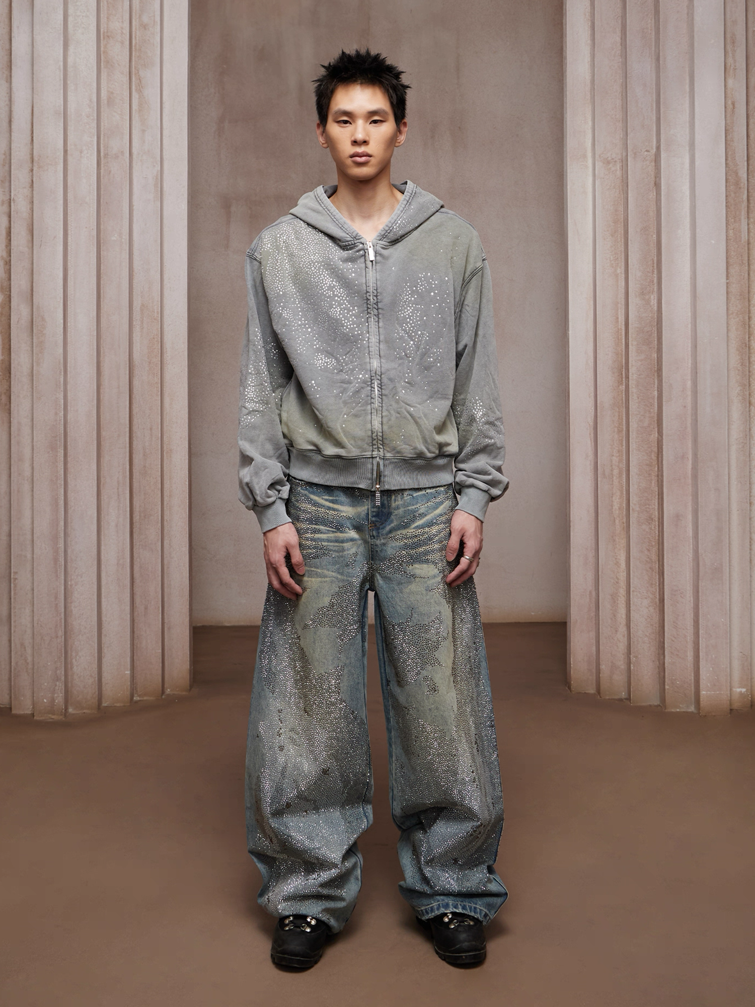 DND4DES Dirty-Washed Diamond Wide-Leg Jeans Blue