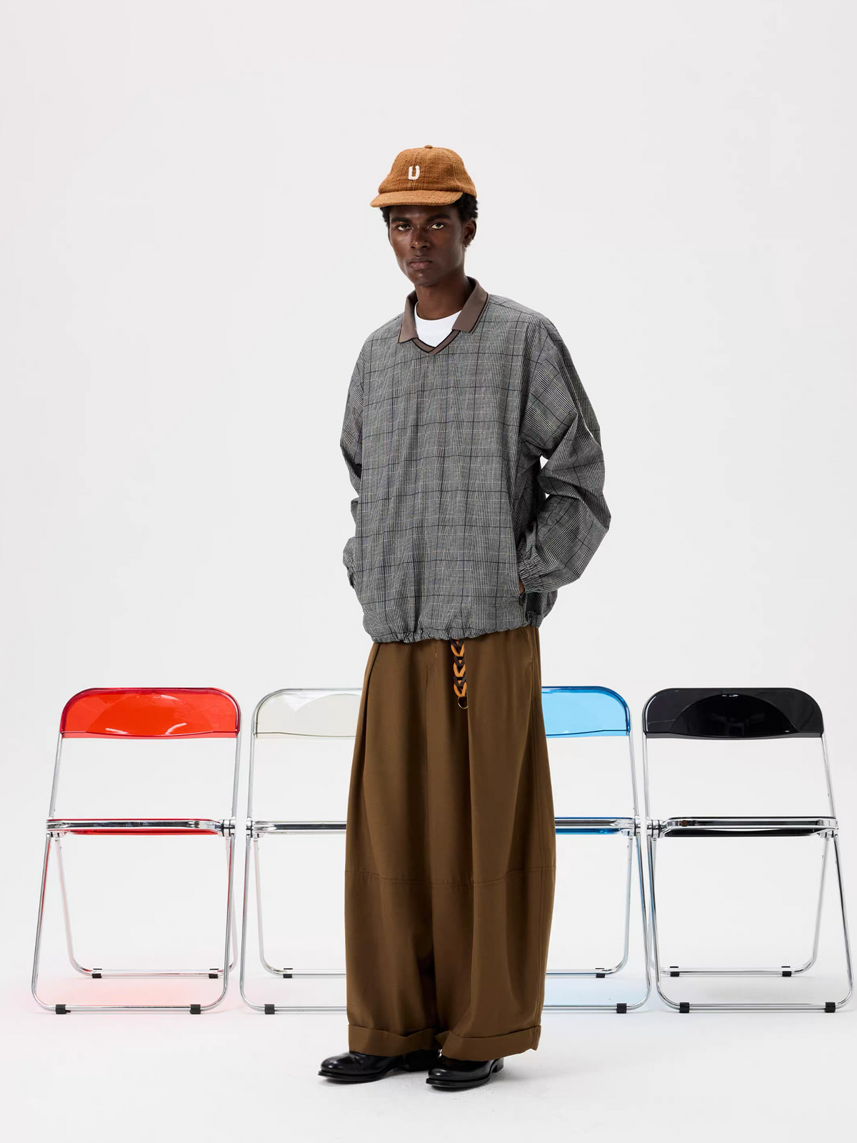 UNLIMITED MOTE Glen Plaid Double-Collar Drawstring Long-Sleeve Shirt, premium urban and streetwear designers apparel on PROJECTISR.com, UNLIMITED MOTE