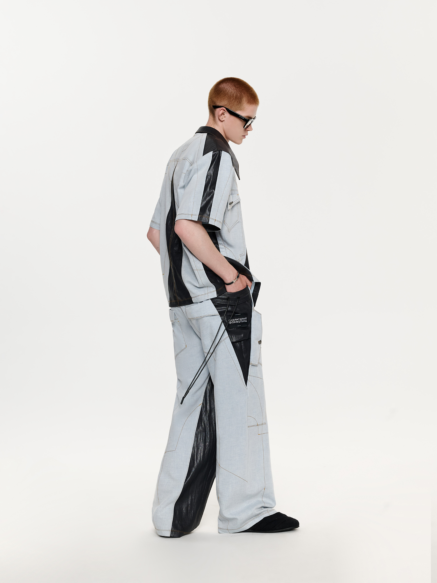 TIWILLTANG Contrast Stitch Paneled Wide-Leg Pants