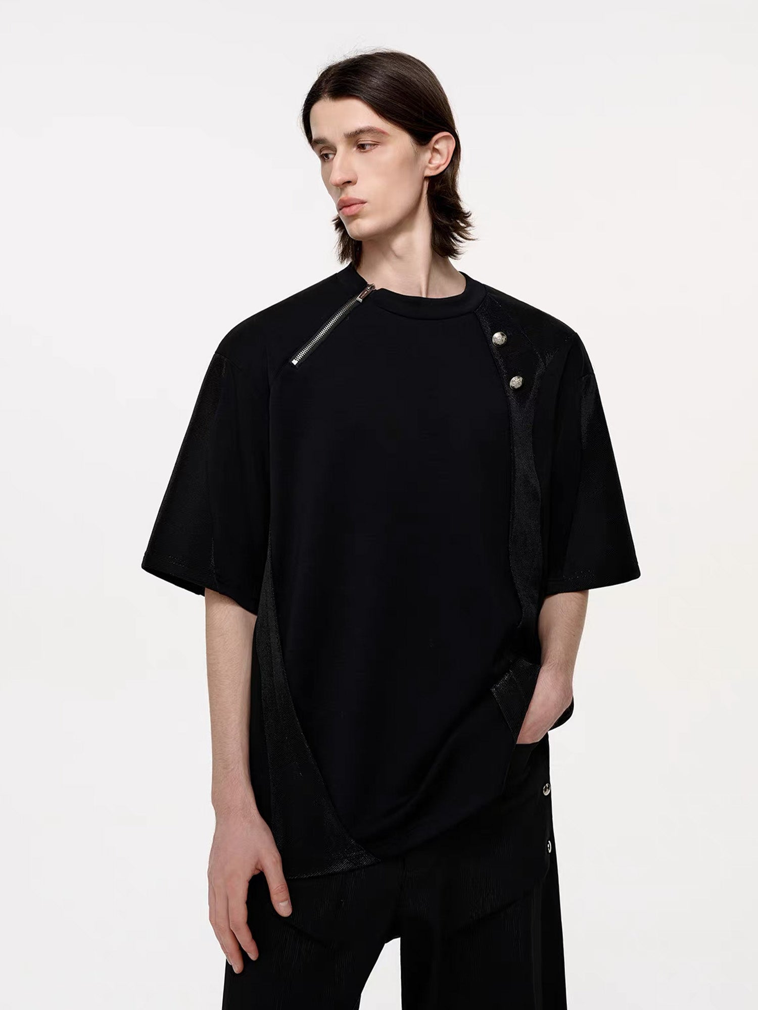 トップス Oversize woven T/SH TIWILLTANG Asymmetrical Zip Layered T Shirt