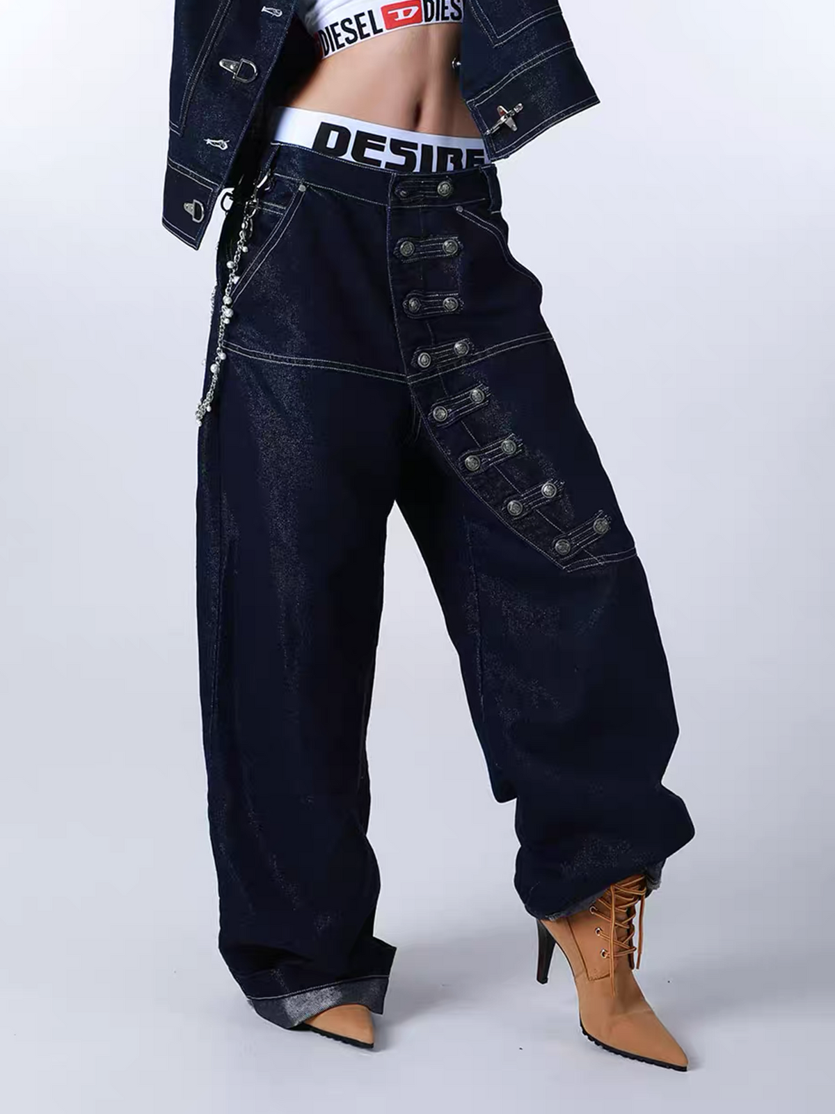 SEXXDEVIL Napoleon-Button Paneled Metallic Denim Jeans